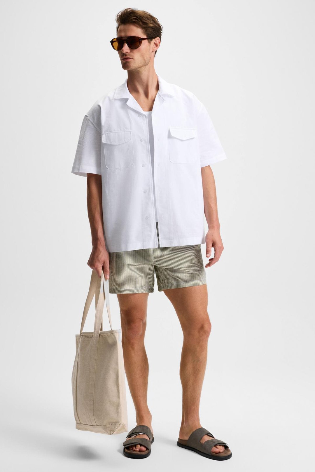 TERO Erkek %100 Pamuk Apaj Yaka Kısa Kollu Flamlı Oxford Comfort Fit Hawaii Beyaz Gömlek