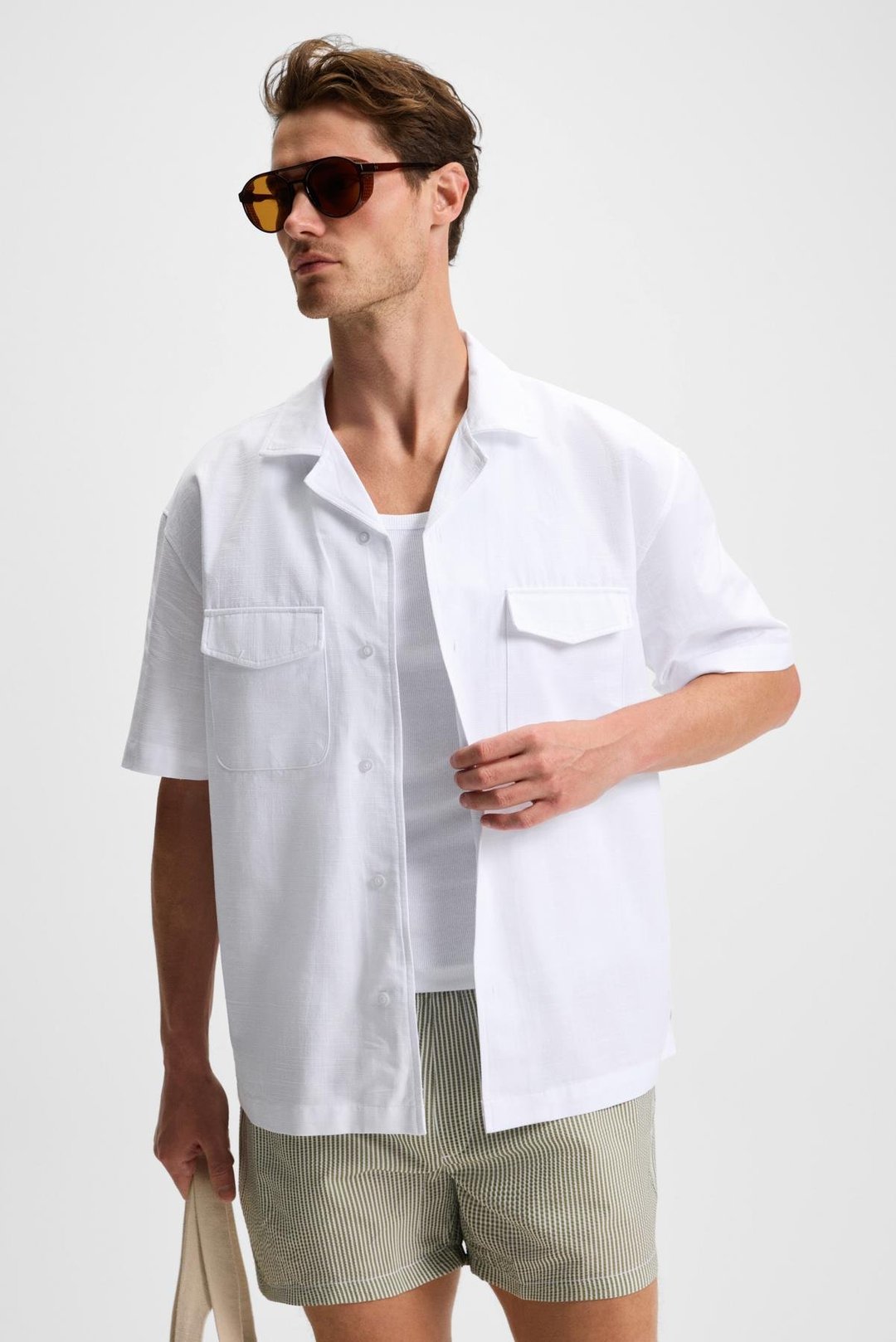 TERO Erkek %100 Pamuk Apaj Yaka Kısa Kollu Flamlı Oxford Comfort Fit Hawaii Beyaz Gömlek