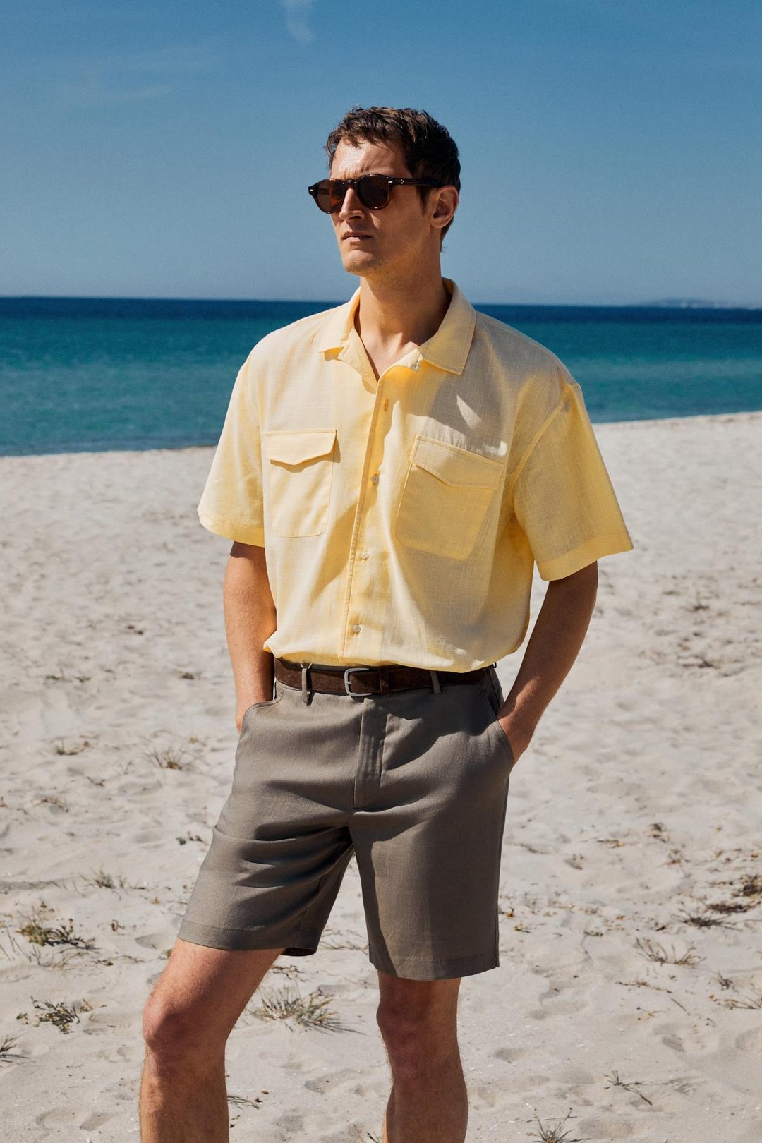 TERO Erkek %100 Pamuk Apaj Yaka Kısa Kollu Flamlı Oxford Comfort Fit Hawaii Sarı Gömlek