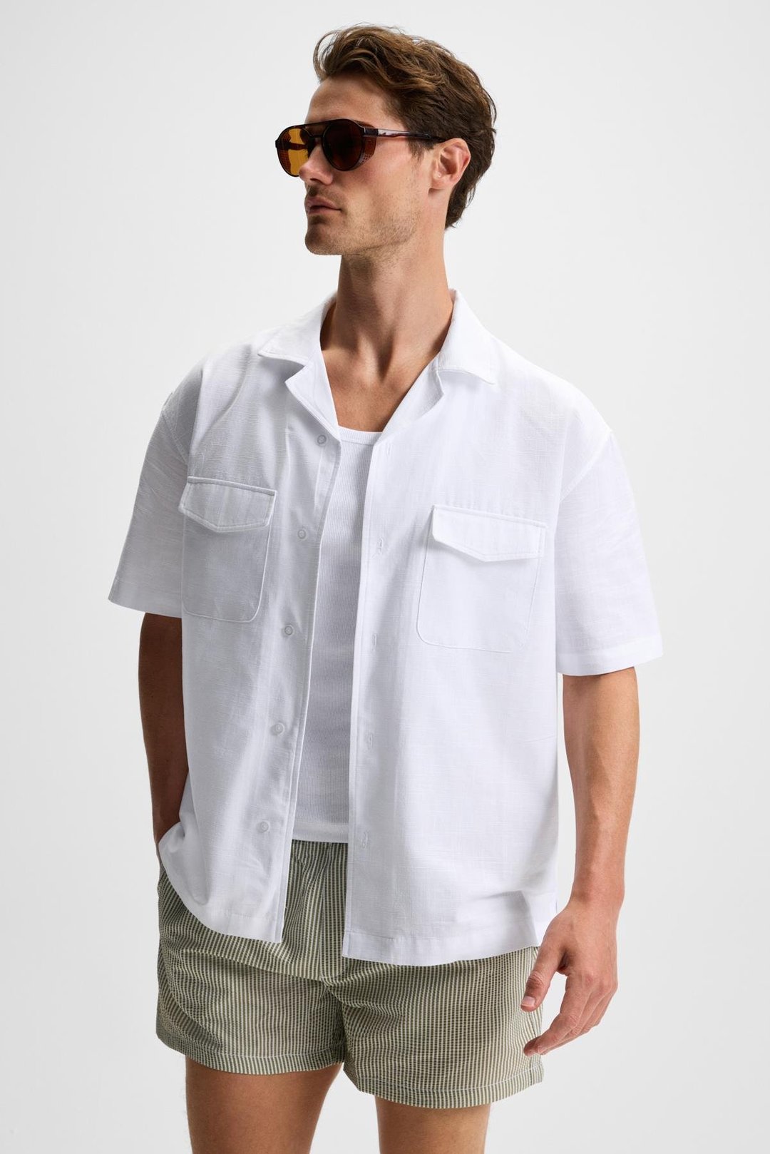 TERO Erkek %100 Pamuk Apaj Yaka Kısa Kollu Flamlı Oxford Comfort Fit Hawaii Beyaz Gömlek