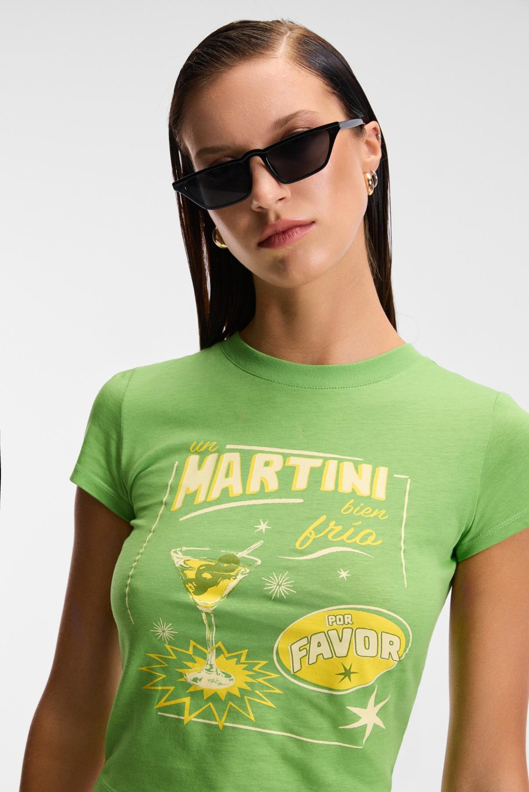 TESSIRA Kadın %100 Pamuk Bisiklet Yaka Baskılı Slim Fit Yeşil T-Shirt