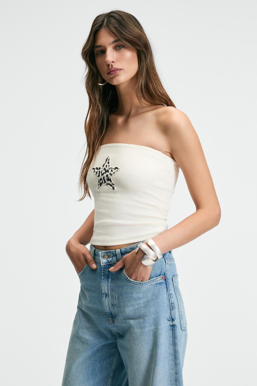 TIRAE Kadın Straplez Önü Baskılı Slim Ekru Büstiyer