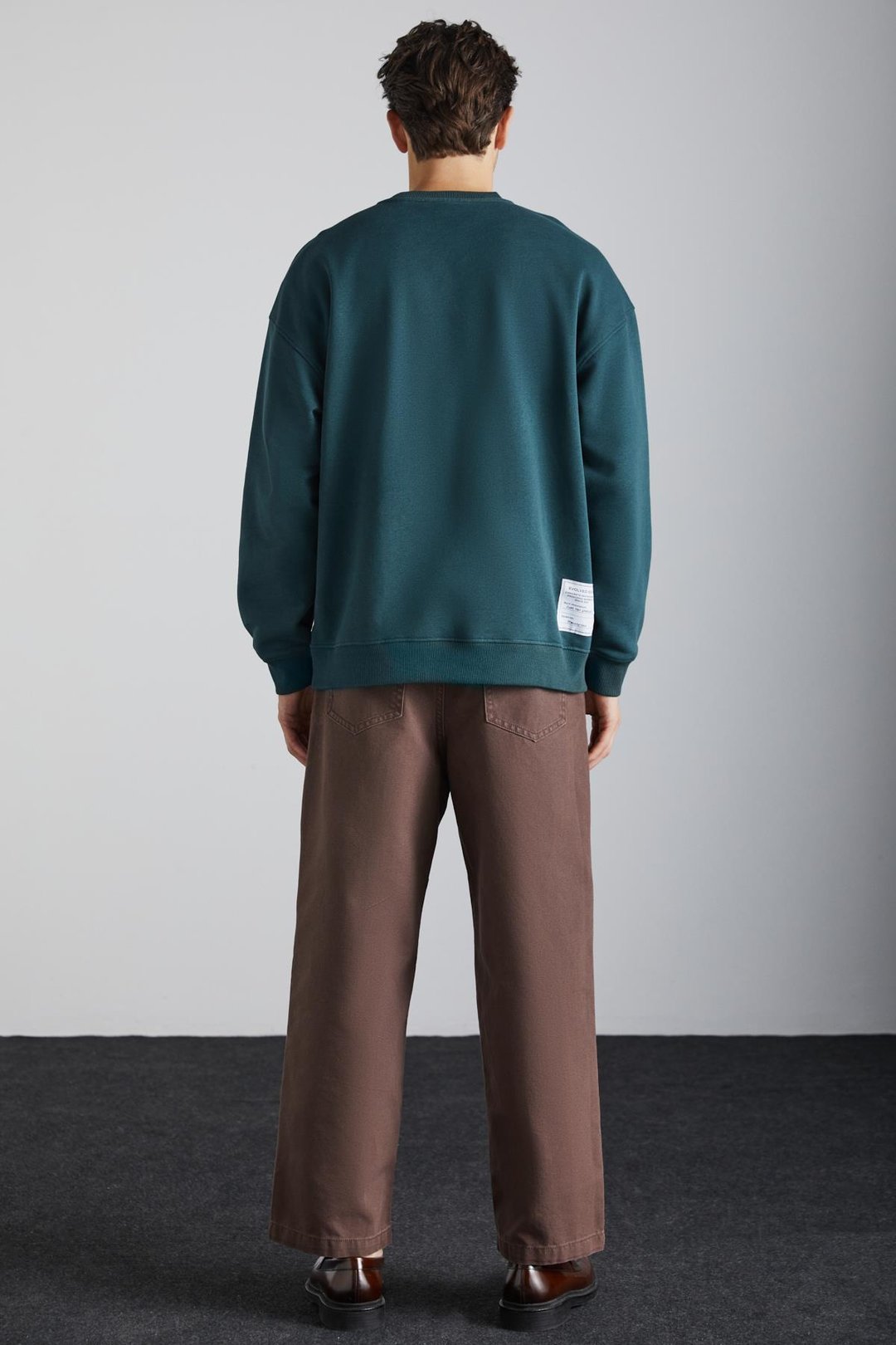 TOKYO Erkek İçi Polarlı Yumuşacık Arka Etiket Detaylı Bisiklet Yaka Oversize Koyu Yeşil Sweatshirt