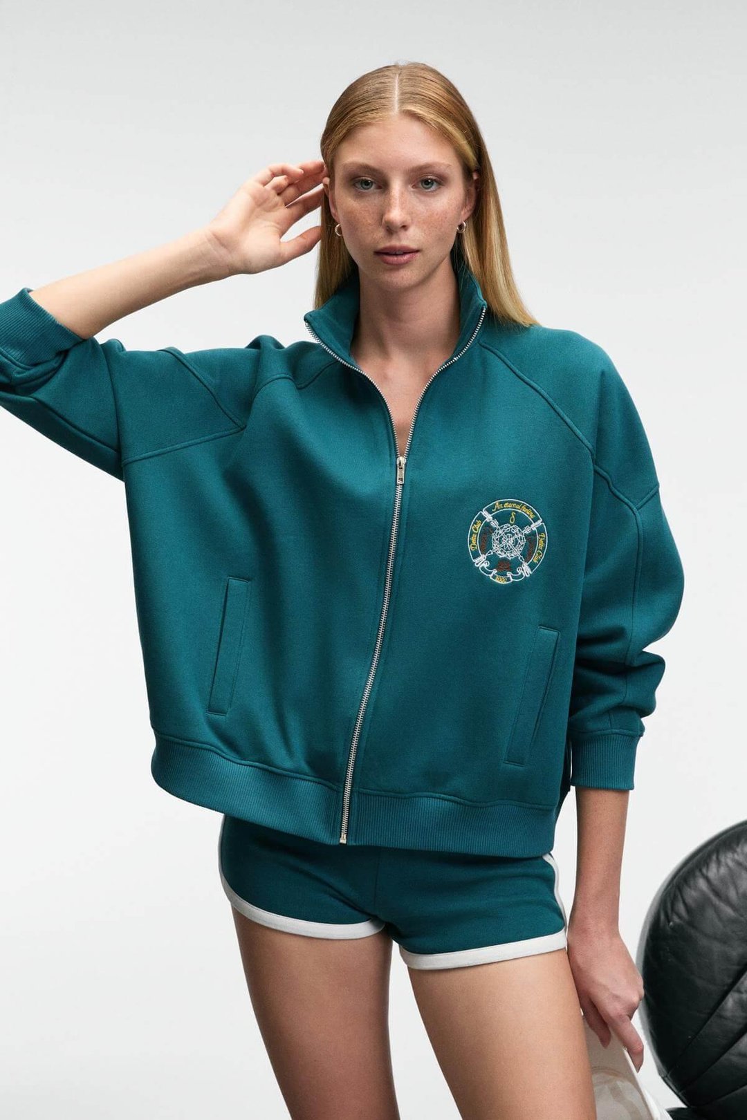 TORMENTA Kadın Nakışlı Fermuarlı Dik Yaka Çift Cepli Reglan Kol Koyu Turkuaz Sweatshirt