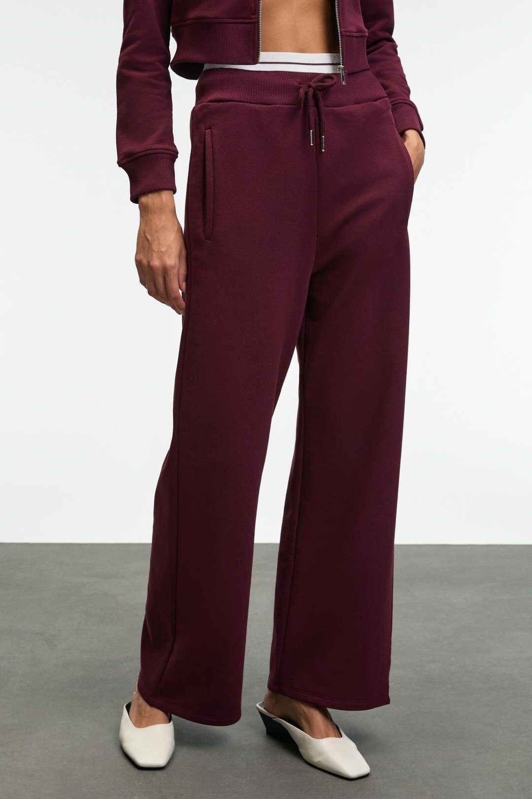 TOVELLE Kadın Beli Ekstra Lastikli Çift Cepli Geniş Paçalı Bordo Eşofman Altı