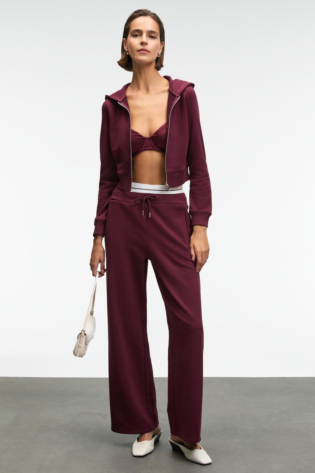 TOVELLE Kadın Beli Ekstra Lastikli Çift Cepli Geniş Paçalı Bordo Eşofman Altı