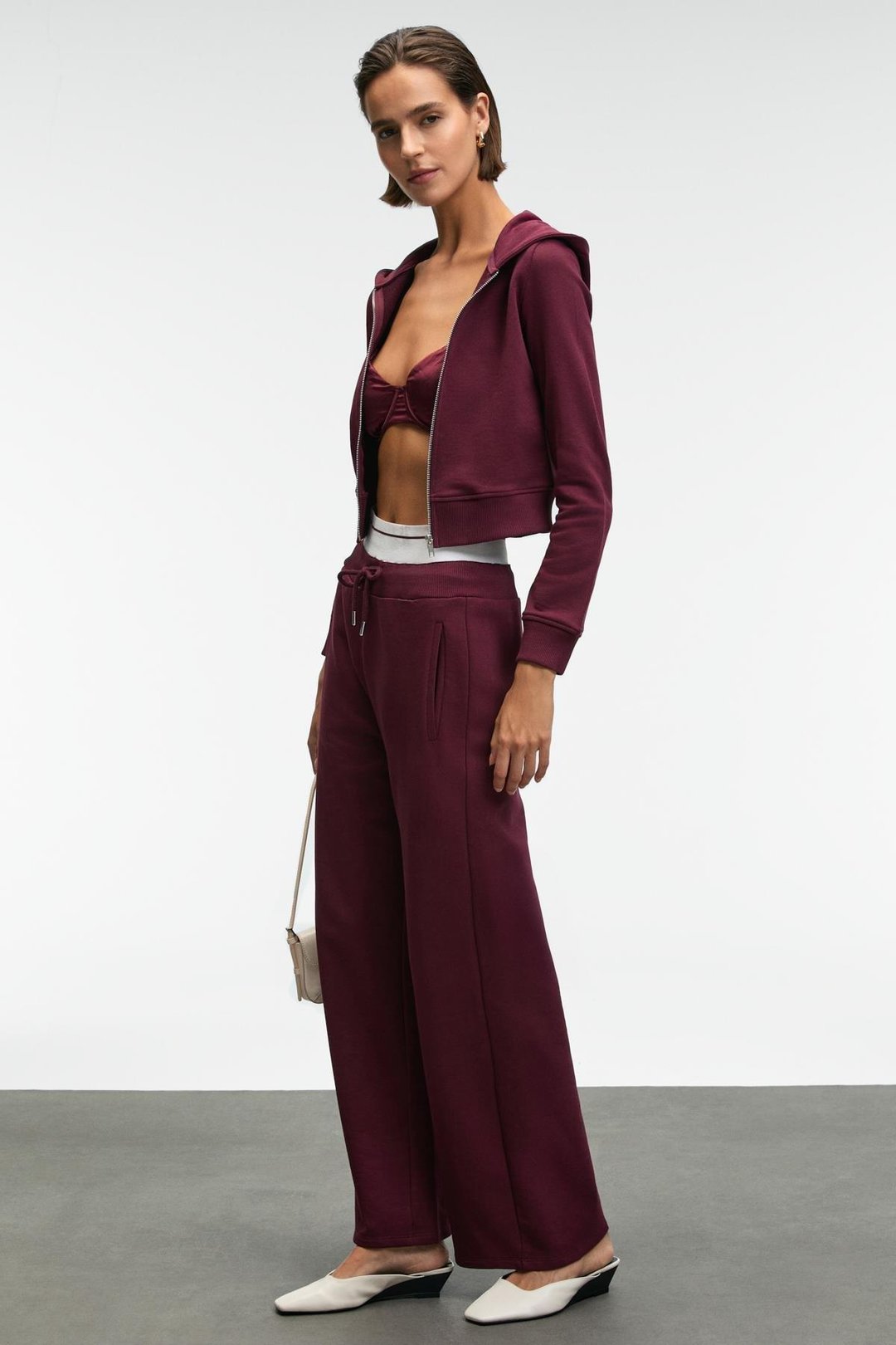 TOVELLE Kadın Beli Ekstra Lastikli Çift Cepli Geniş Paçalı Bordo Eşofman Altı