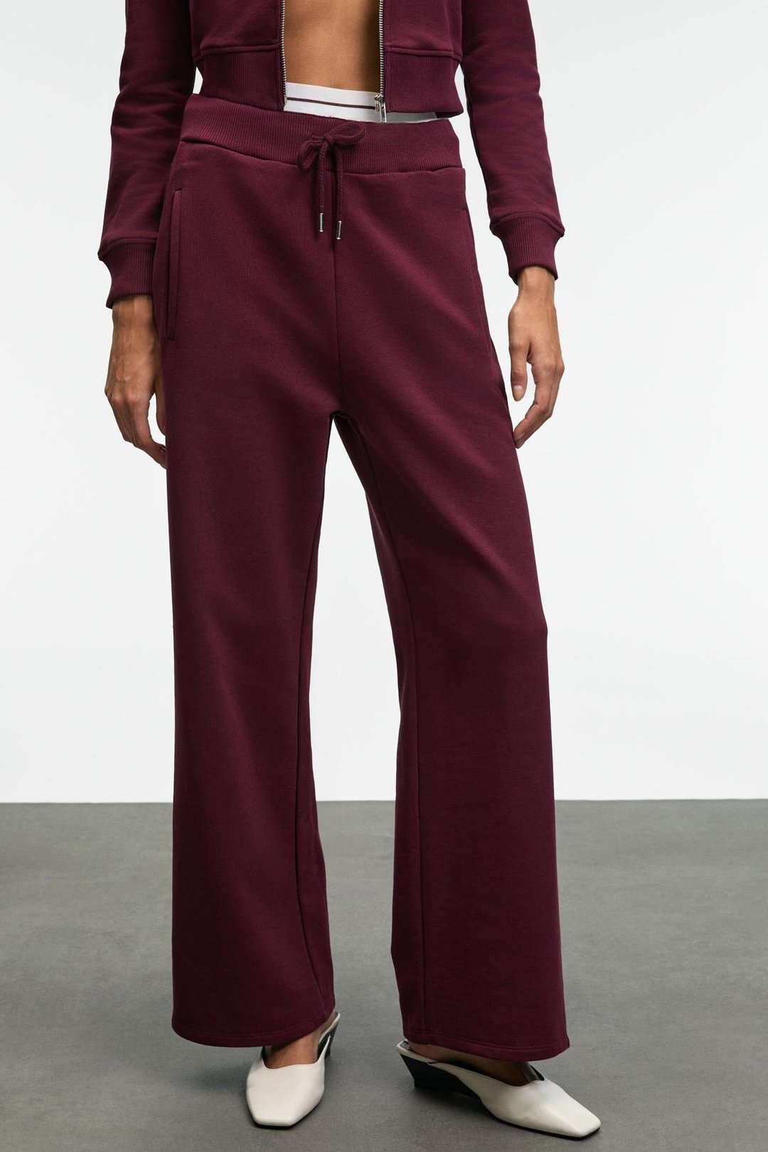 TOVELLE Kadın Beli Ekstra Lastikli Çift Cepli Geniş Paçalı Bordo Eşofman Altı