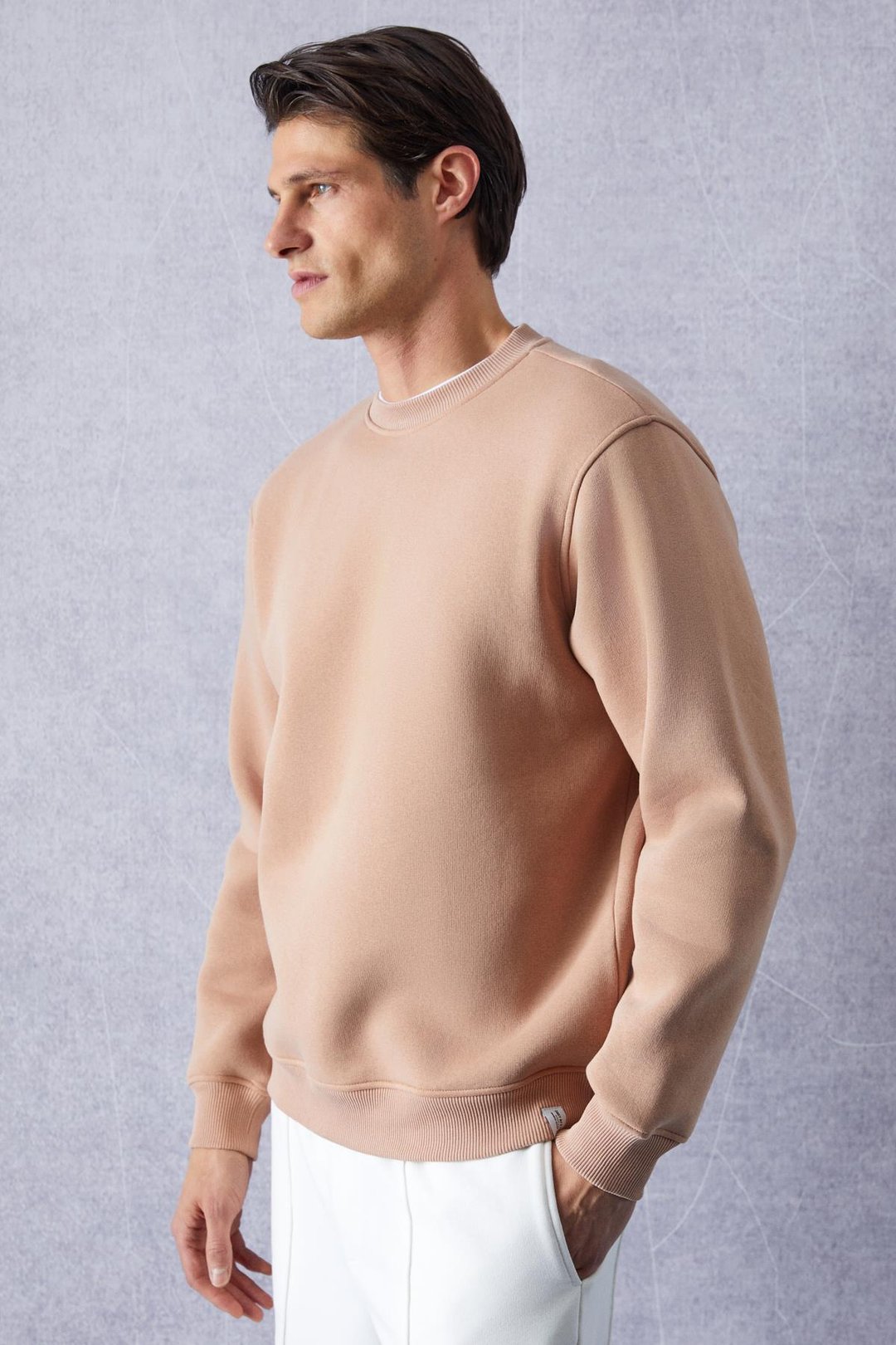 TRAVIS Erkek Organik Kumaşlı Yumuşacık Regular Fit Yuvarlak Yakalı Bej Sweatshirt