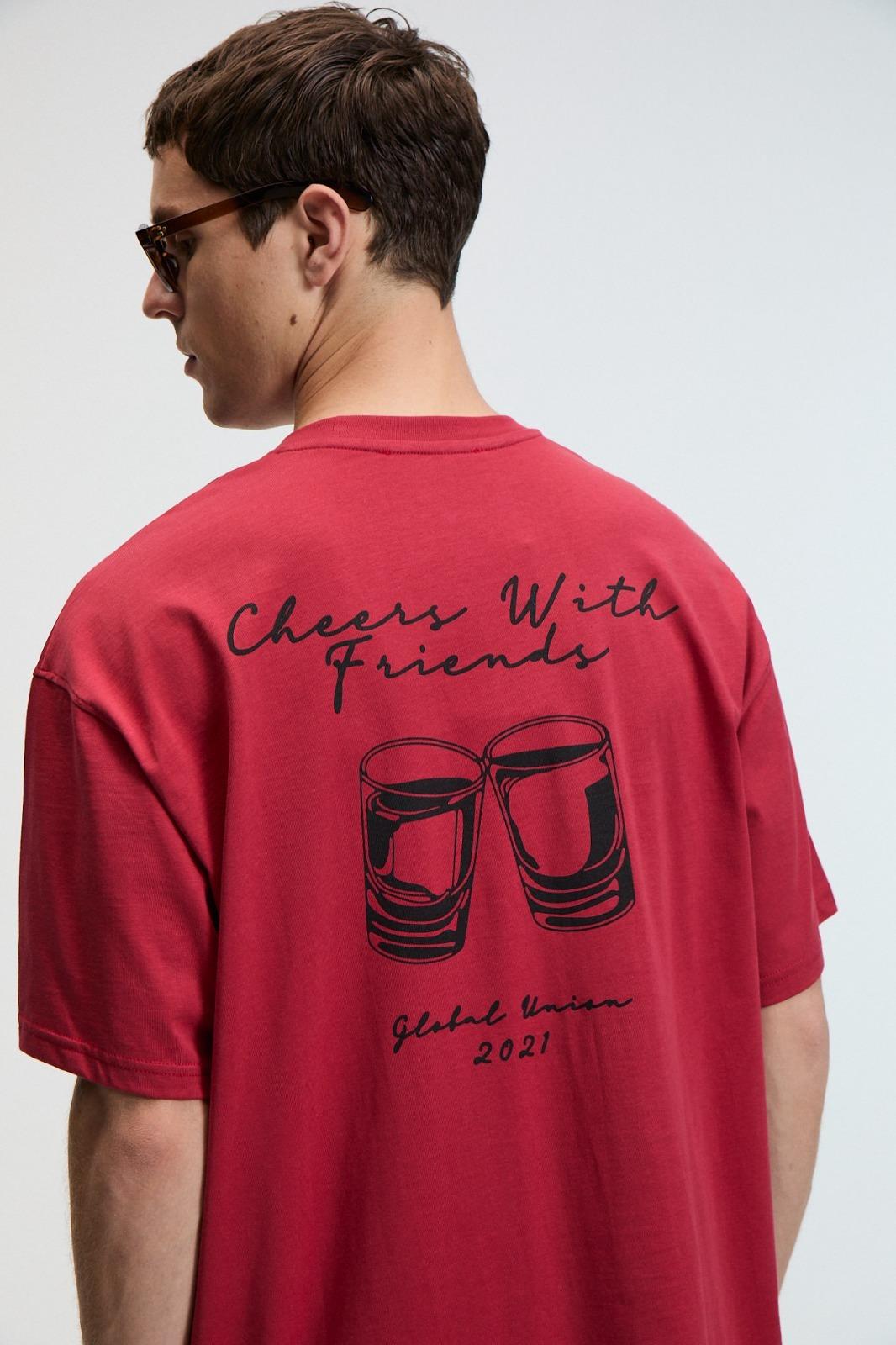 TREAT Erkek Oversize %100 Pamuk Baskılı Yuvarlık Yaka Kırmızı T-Shirt