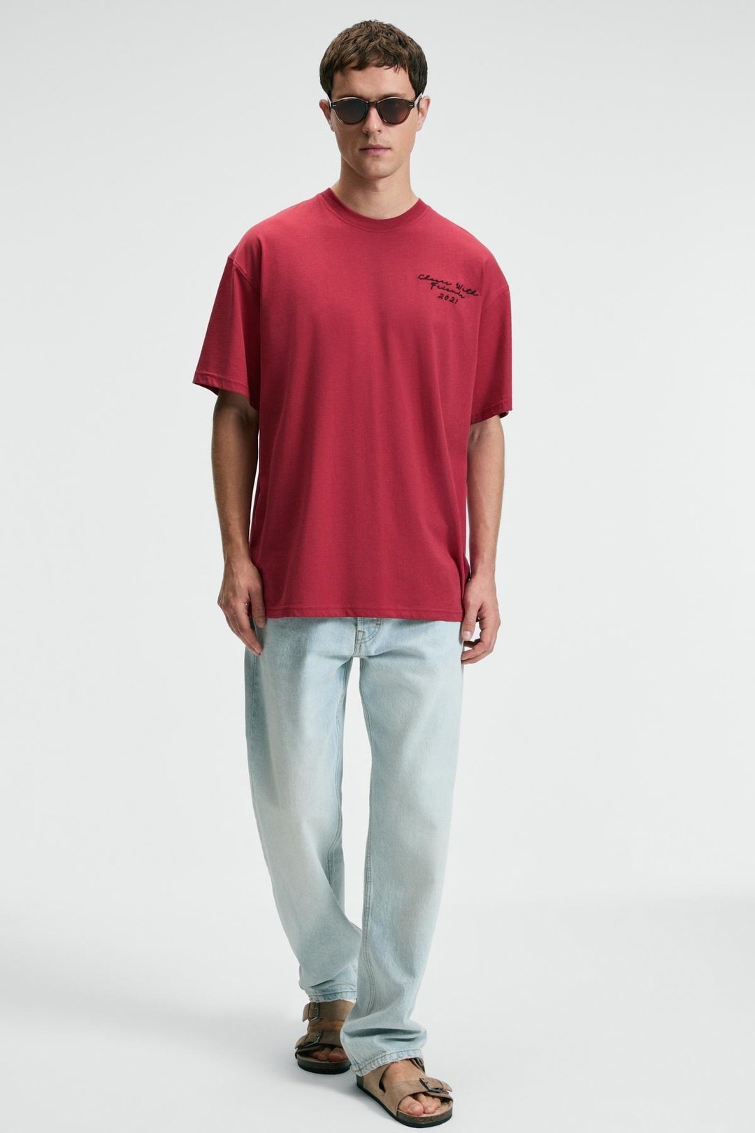 TREAT Erkek Oversize %100 Pamuk Baskılı Yuvarlık Yaka Kırmızı T-Shirt