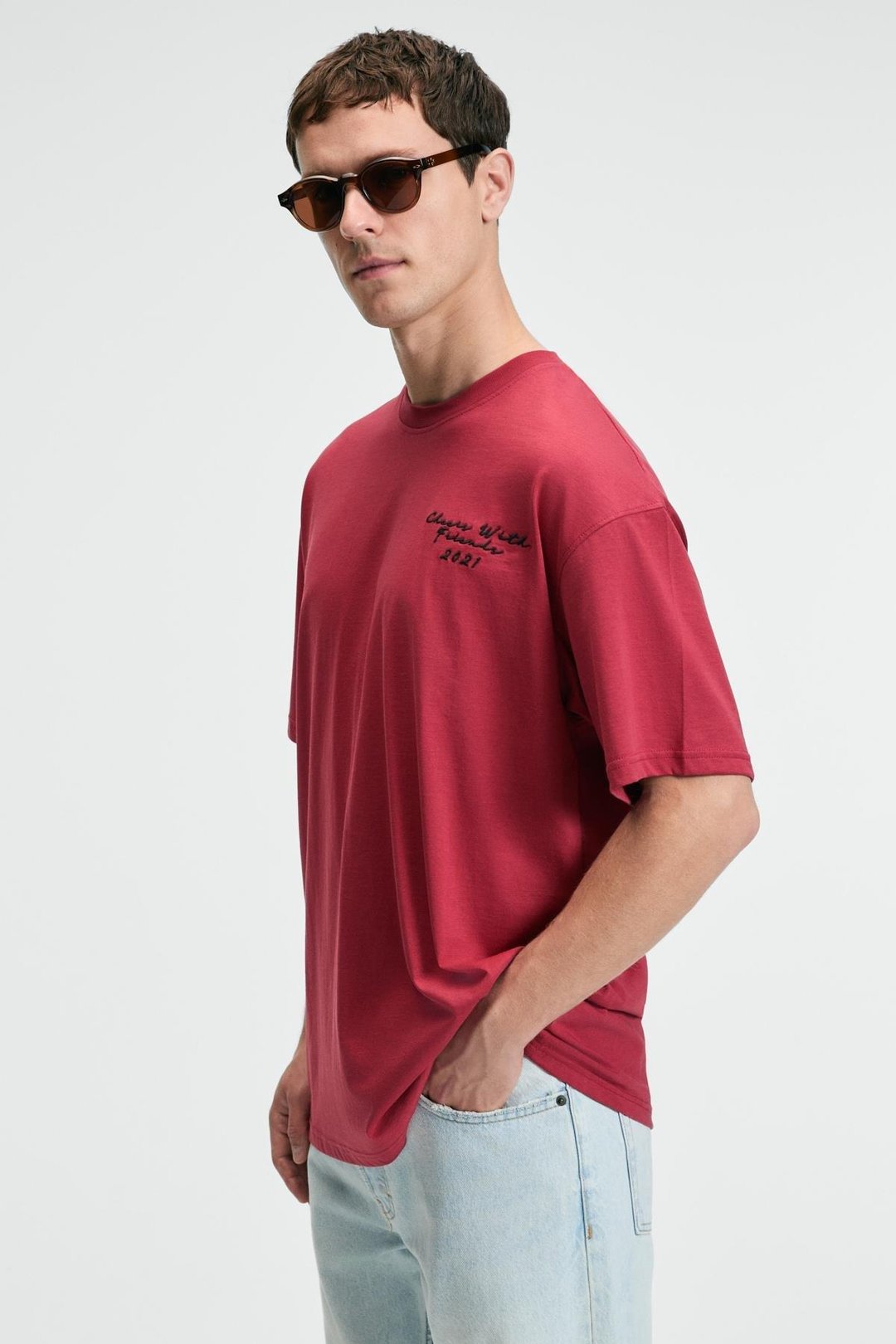 TREAT Erkek Oversize %100 Pamuk Baskılı Yuvarlık Yaka Kırmızı T-Shirt