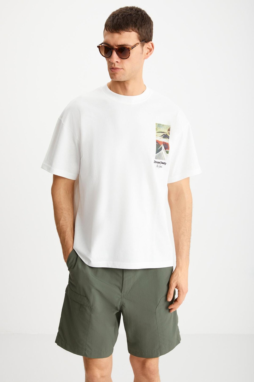 TRENTON Basic Regular Ekru Tekli T-Shirt