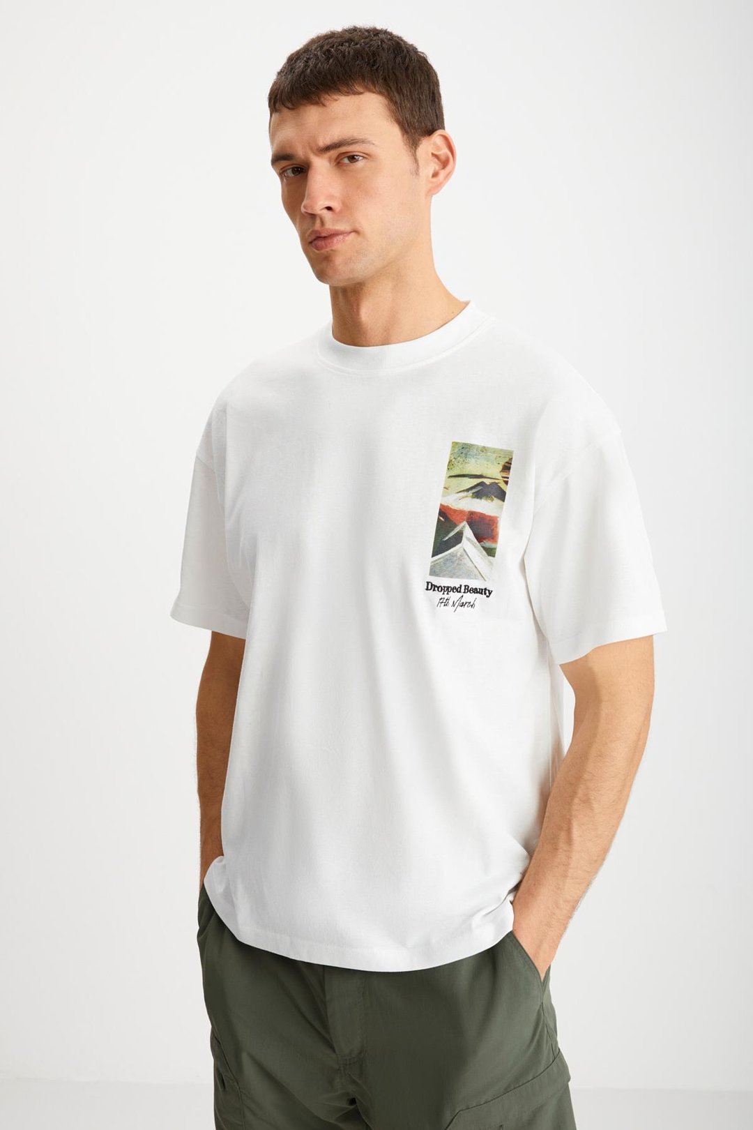 TRENTON Basic Regular Ekru Tekli T-Shirt