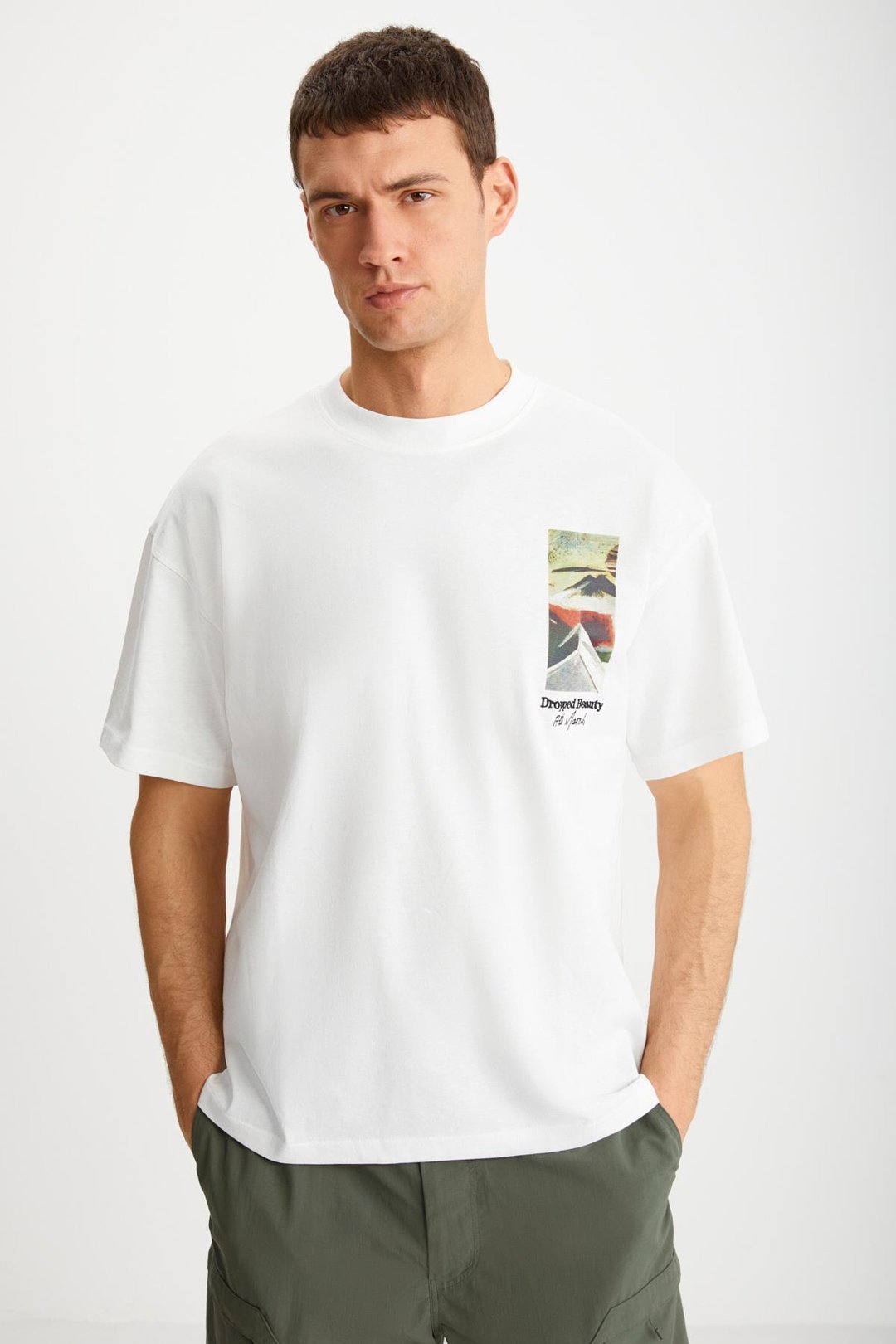 TRENTON Basic Regular Ekru Tekli T-Shirt