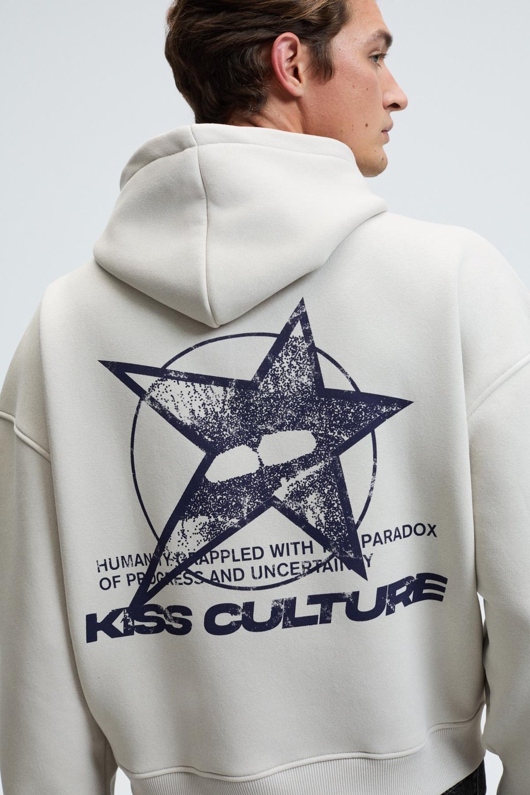 TRUETT Erkek Kapüşonlu Kanguru Cepli Önü Ve Sırtı Baskılı Oversize Gri Sweatshirt