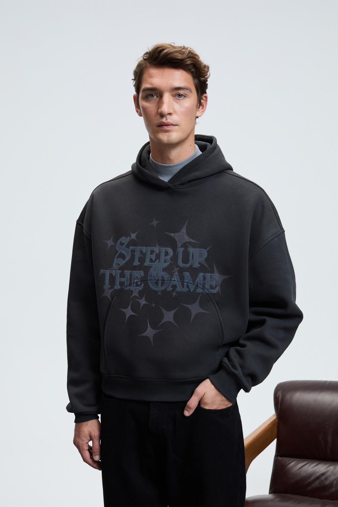 TRUETT Erkek Kapüşonlu Kanguru Cepli Önü Ve Sırtı Baskılı Oversize Antrasit Sweatshirt