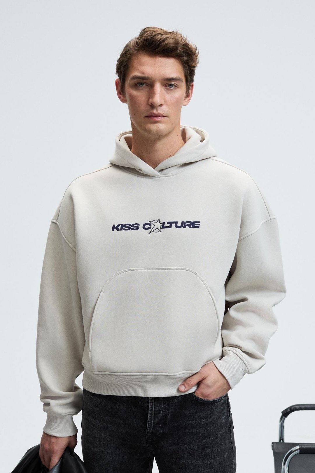 TRUETT Erkek Kapüşonlu Kanguru Cepli Önü Ve Sırtı Baskılı Oversize Gri Sweatshirt