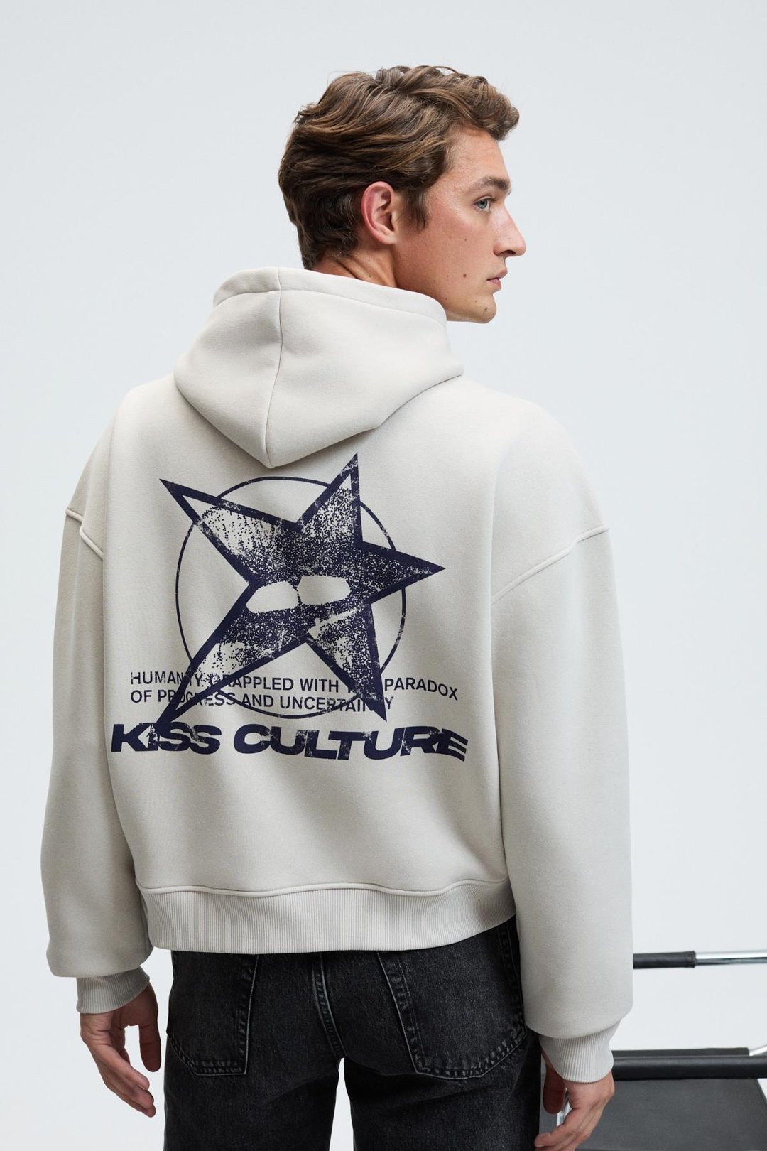 TRUETT Erkek Kapüşonlu Kanguru Cepli Önü Ve Sırtı Baskılı Oversize Gri Sweatshirt