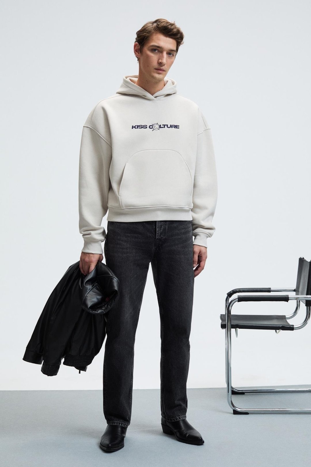 TRUETT Erkek Kapüşonlu Kanguru Cepli Önü Ve Sırtı Baskılı Oversize Gri Sweatshirt
