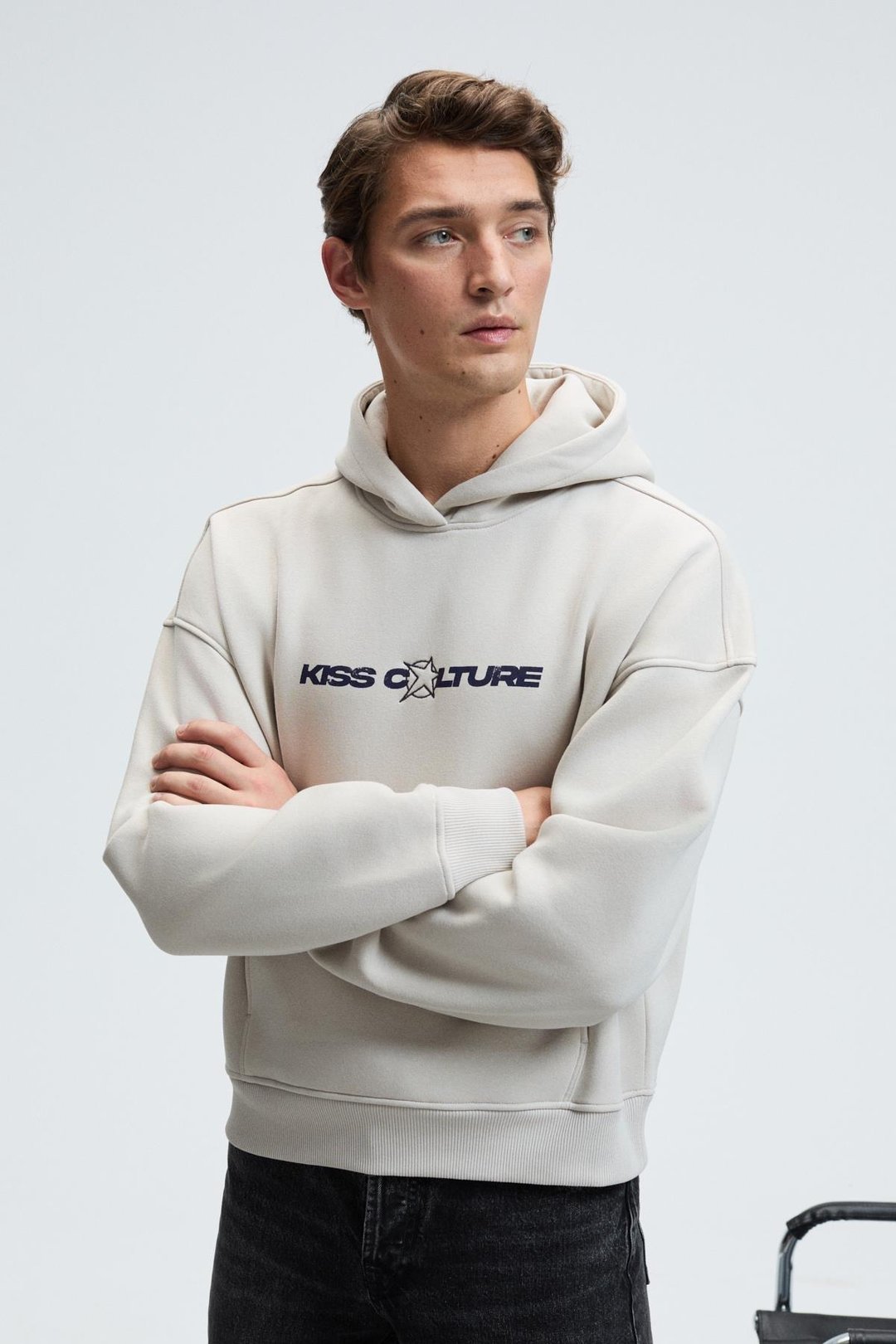 TRUETT Erkek Kapüşonlu Kanguru Cepli Önü Ve Sırtı Baskılı Oversize Gri Sweatshirt