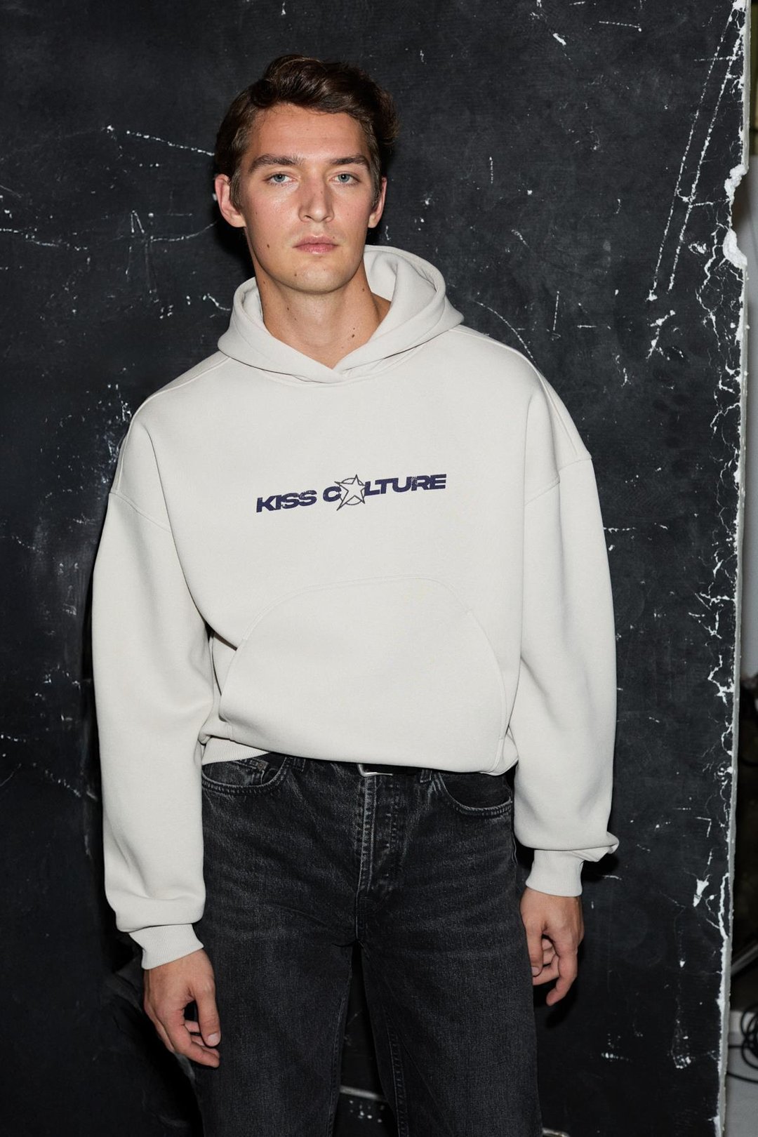 TRUETT Erkek Kapüşonlu Kanguru Cepli Önü Ve Sırtı Baskılı Oversize Gri Sweatshirt