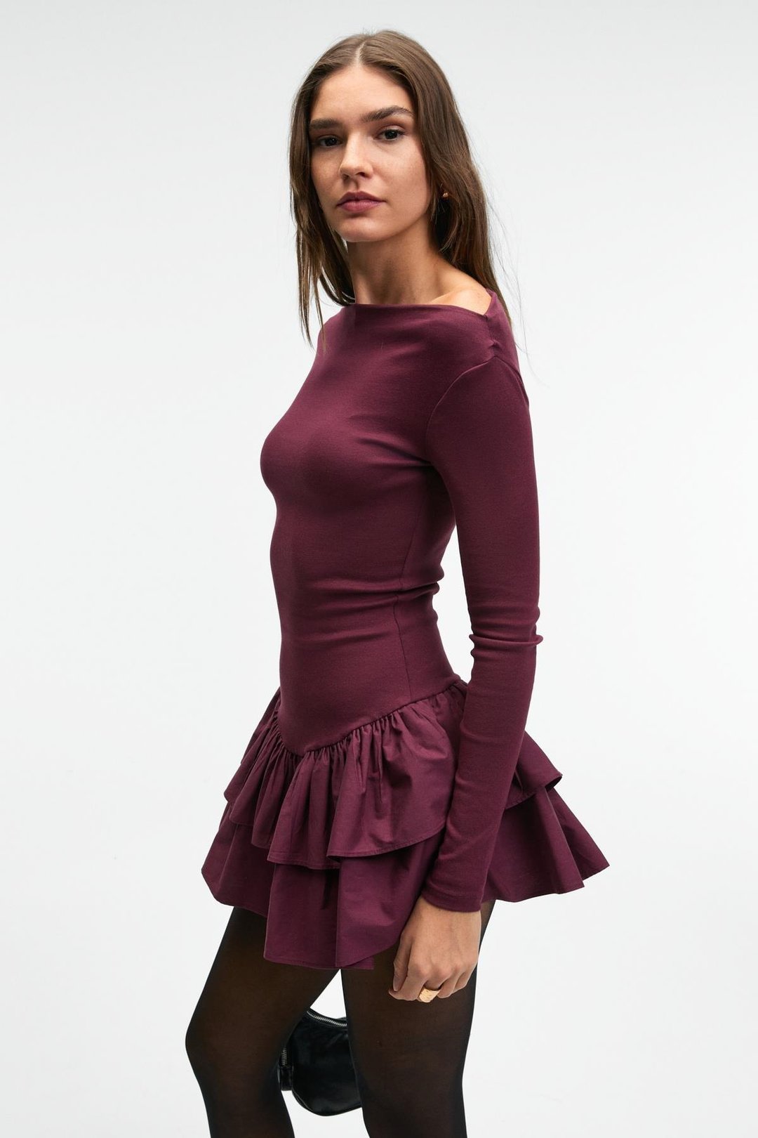 TRUSEA Kadın Üstü Esnek Eteği Dokuma Kumaşlı Regular Mini Bordo Elbise