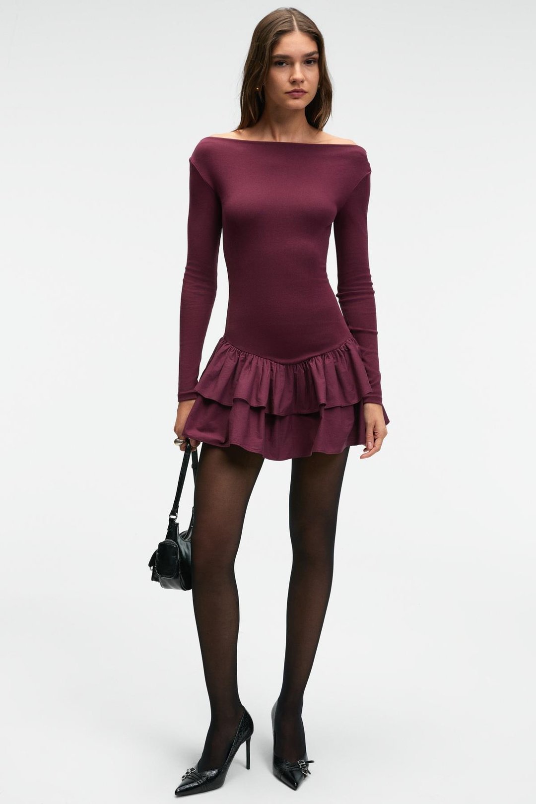 TRUSEA Kadın Üstü Esnek Eteği Dokuma Kumaşlı Regular Mini Bordo Elbise