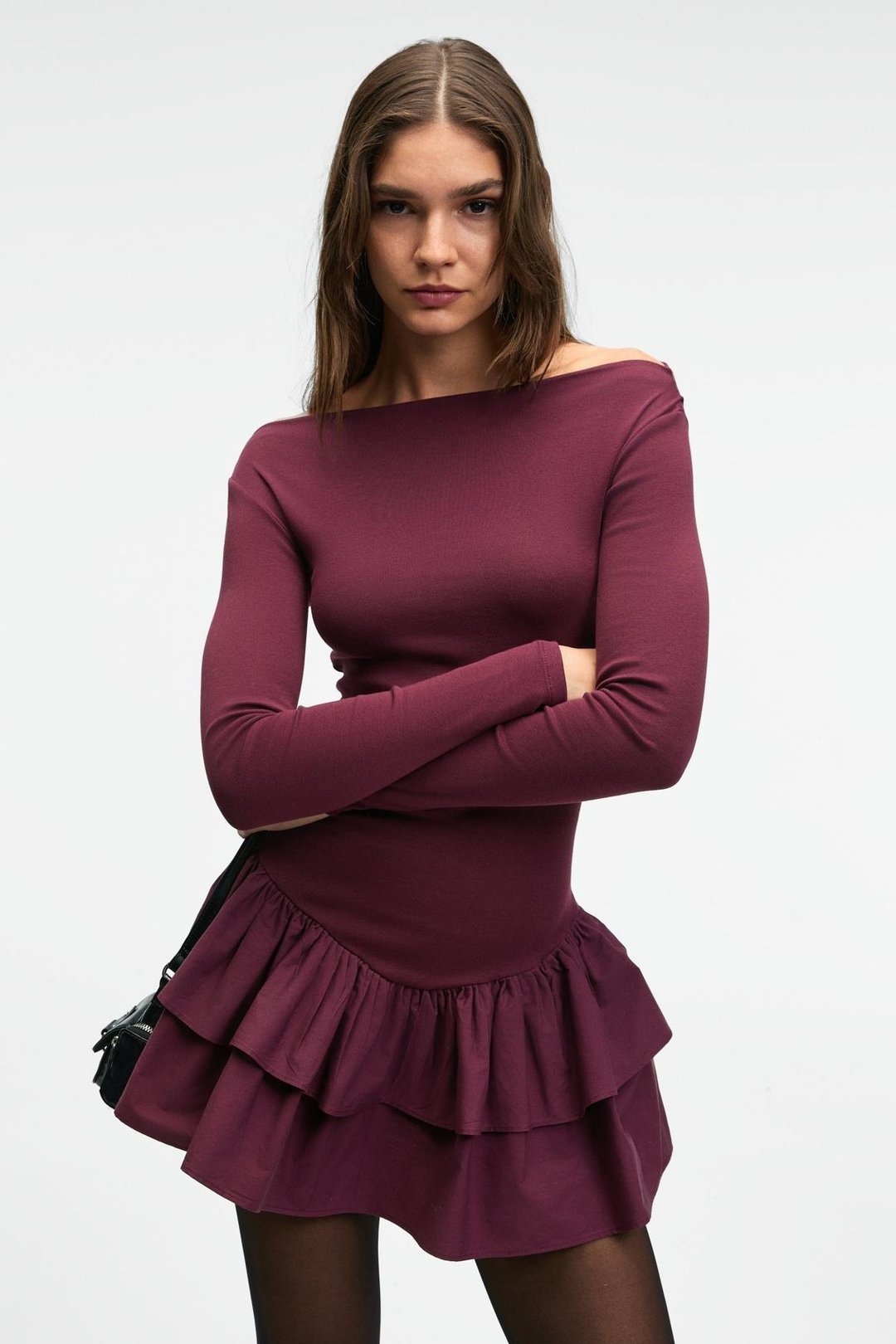TRUSEA Kadın Üstü Esnek Eteği Dokuma Kumaşlı Regular Mini Bordo Elbise