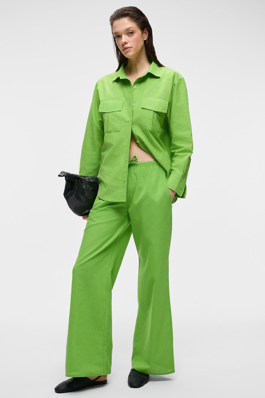 UBANA Kadın %100 Pamuk Keten Görünümlü Comfort Fit Yeşil Pantolon