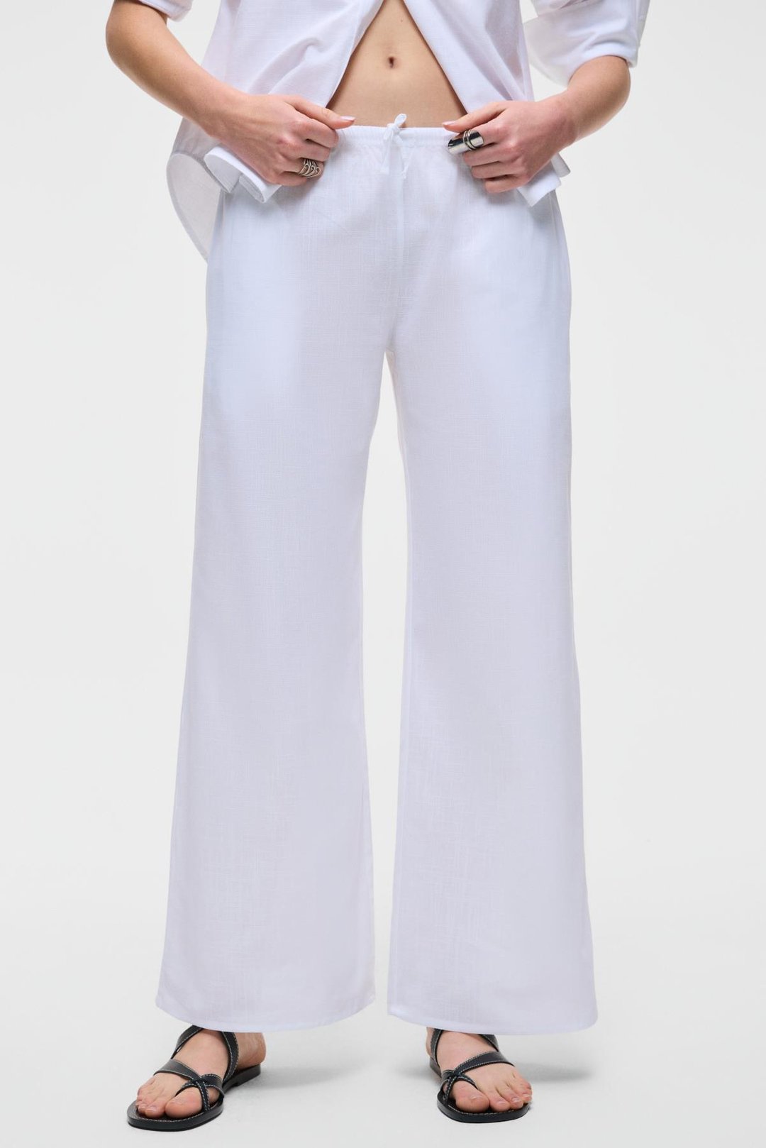 UBANA Kadın %100 Pamuk Keten Görünümlü Comfort Fit Beyaz Pantolon