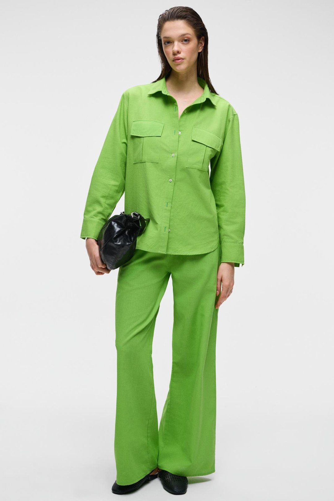 UBANA Kadın %100 Pamuk Keten Görünümlü Comfort Fit Yeşil Pantolon