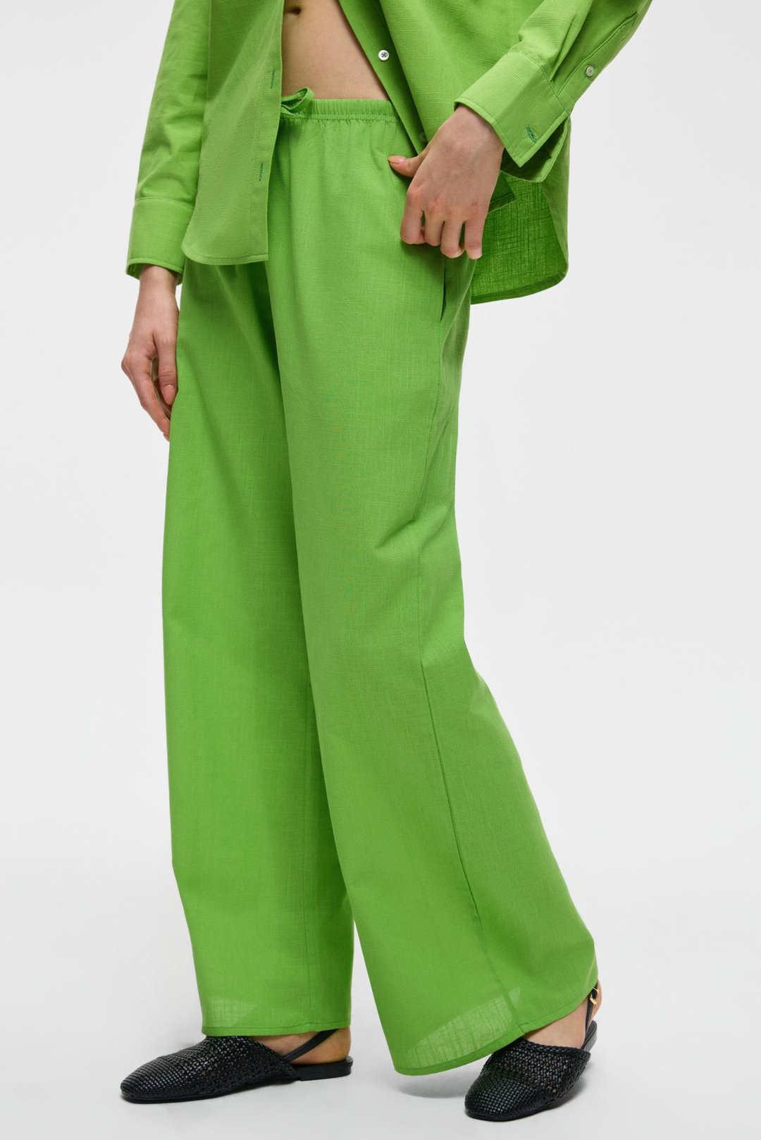 UBANA Kadın %100 Pamuk Keten Görünümlü Comfort Fit Yeşil Pantolon