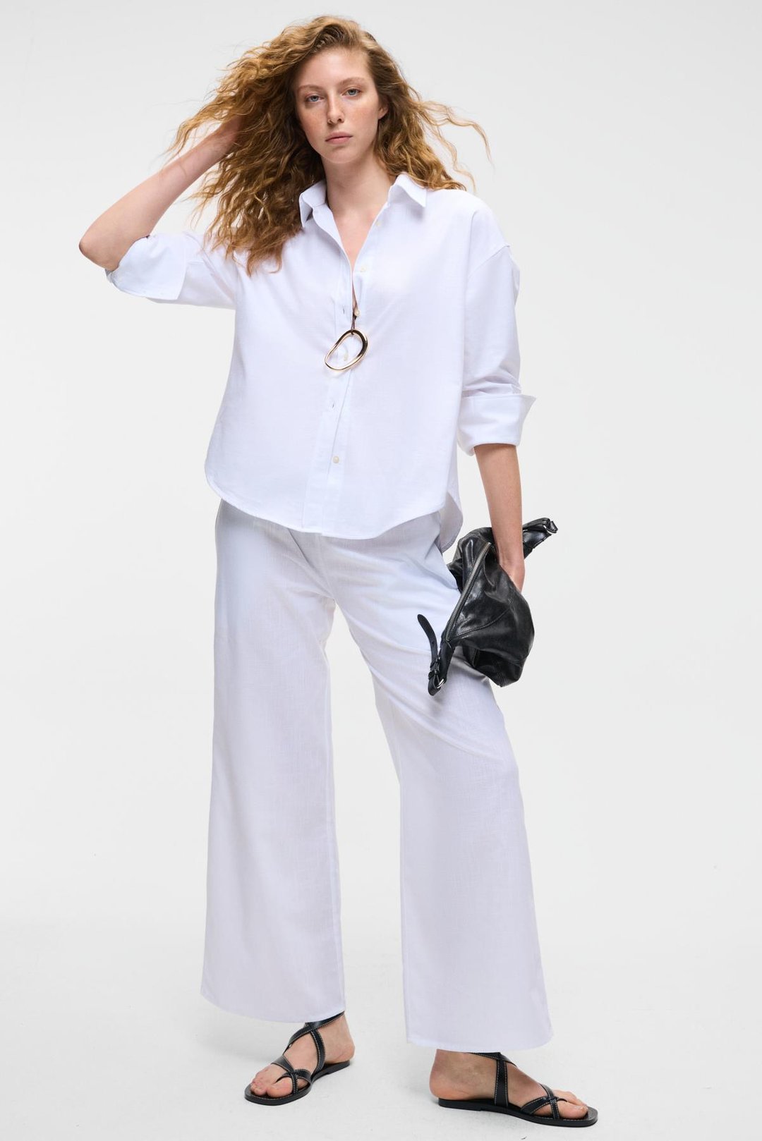 UBANA Kadın %100 Pamuk Keten Görünümlü Comfort Fit Beyaz Pantolon