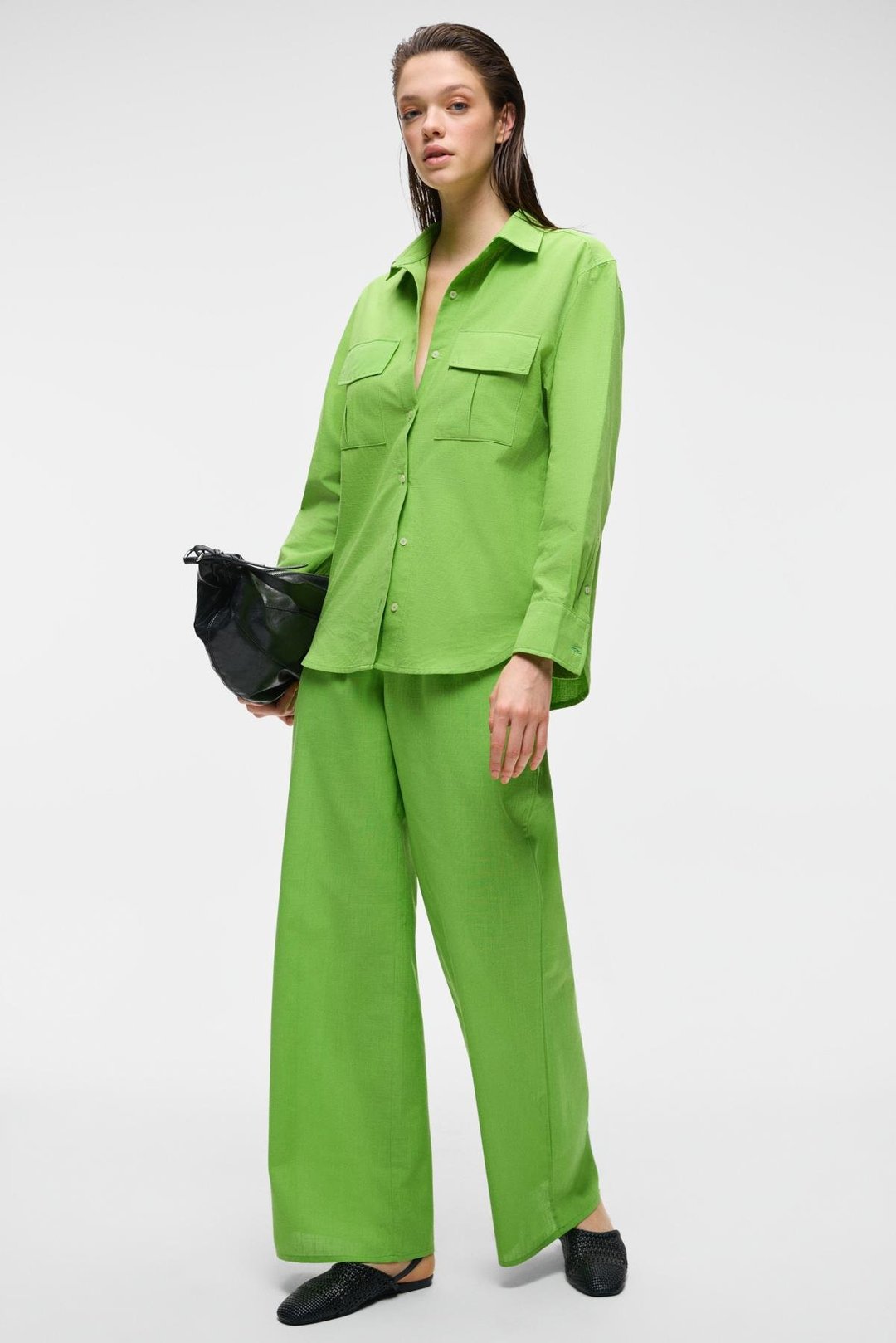 UBANA Kadın %100 Pamuk Keten Görünümlü Comfort Fit Yeşil Pantolon