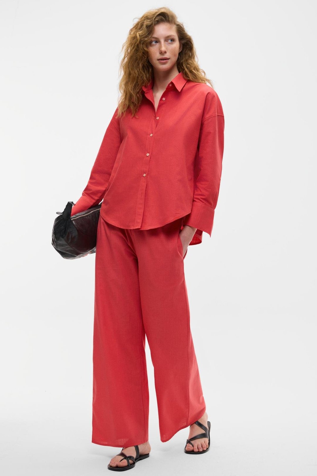 UBANA Kadın %100 Pamuk Keten Görünümlü Comfort Fit Kırmızı Pantolon