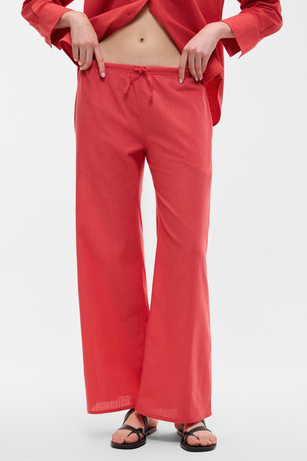 UBANA Kadın %100 Pamuk Keten Görünümlü Comfort Fit Kırmızı Pantolon