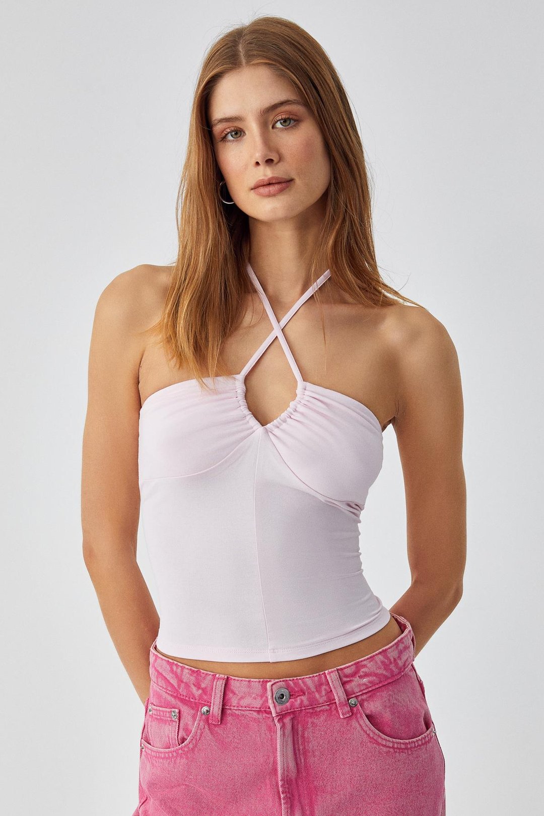 URICI Kadın Slim Askılı Yaka Bağcıklı İnce Kısa Pembe Büstiyer