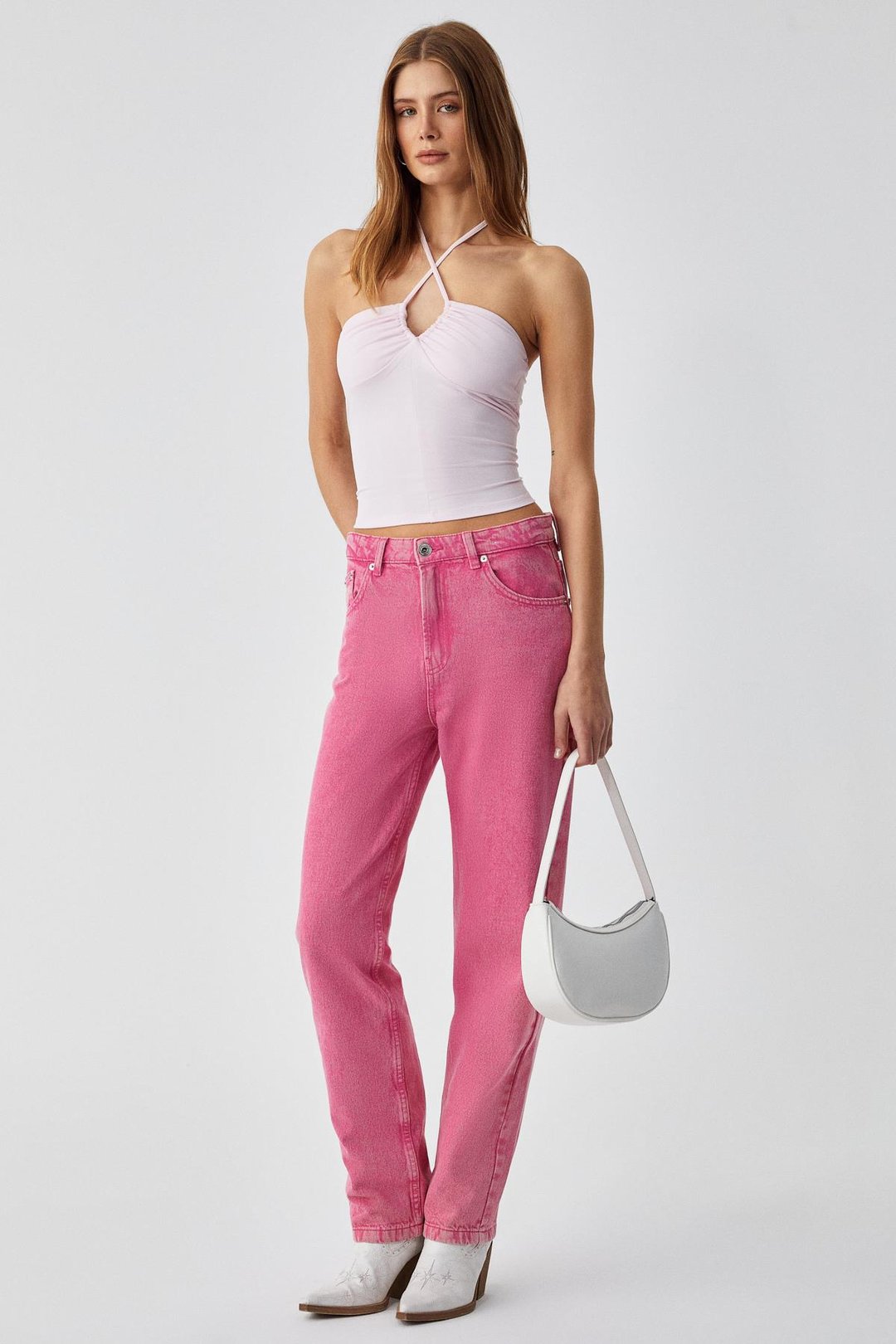 URICI Kadın Slim Askılı Yaka Bağcıklı İnce Kısa Pembe Büstiyer