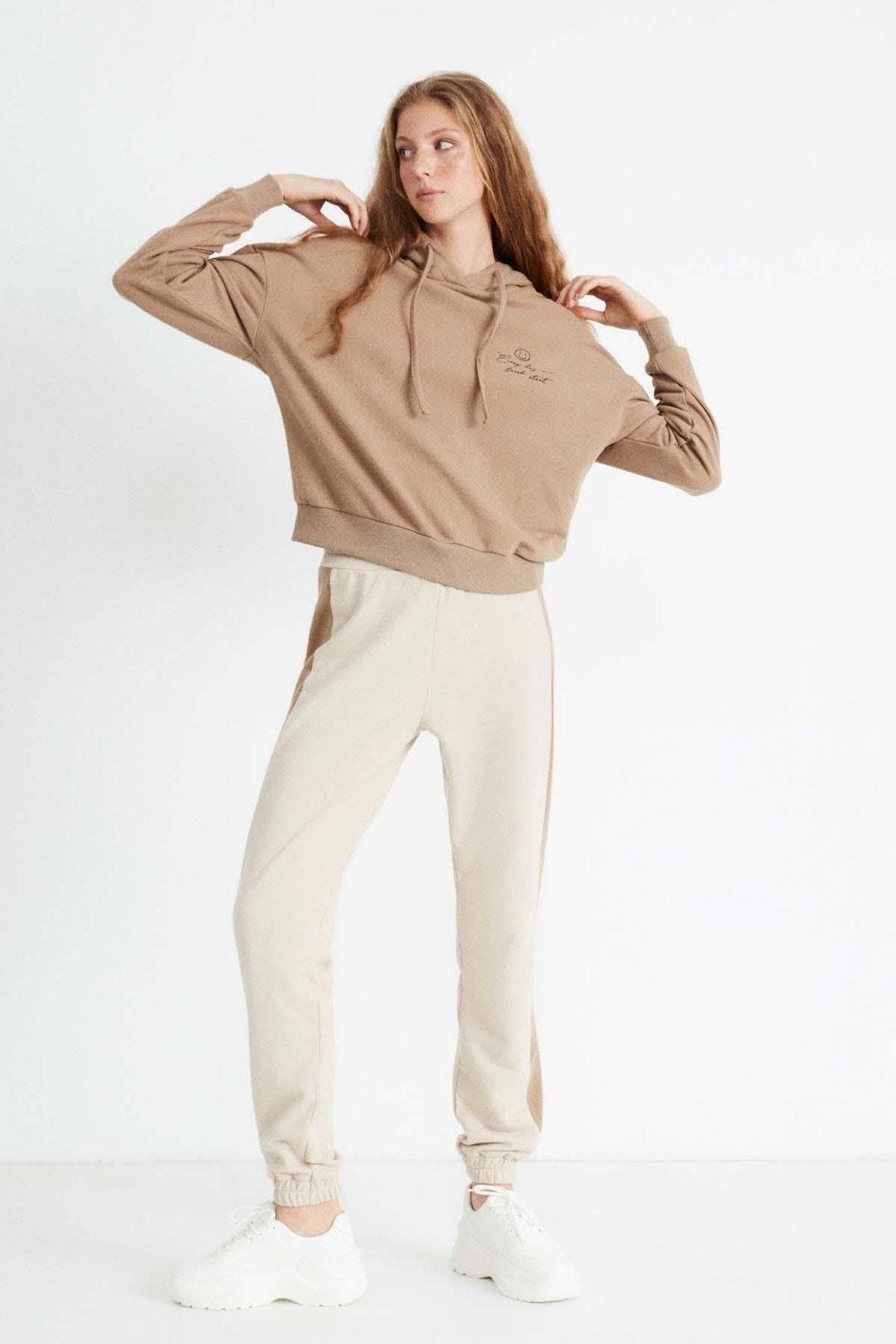 Valentına Kadın  Baskılı Kapüşonlu Comfort Fit Kahverengi Alt-Üst Takım