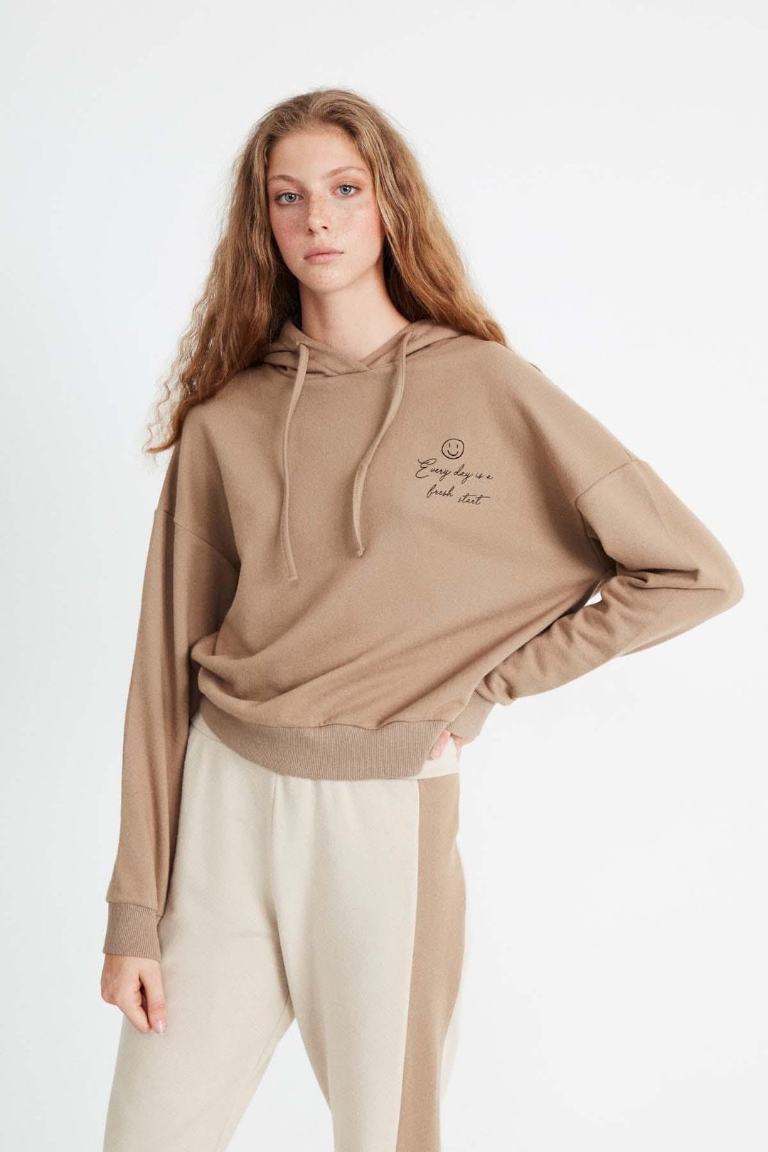 Valentına Kadın  Baskılı Kapüşonlu Comfort Fit Kahverengi Alt-Üst Takım