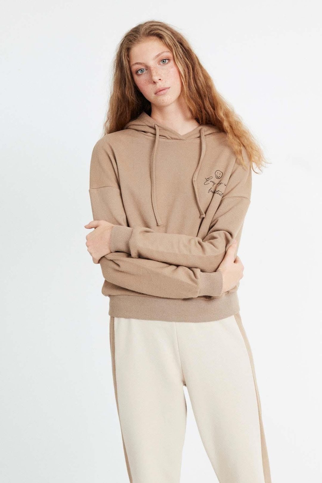 Valentına Kadın  Baskılı Kapüşonlu Comfort Fit Kahverengi Alt-Üst Takım
