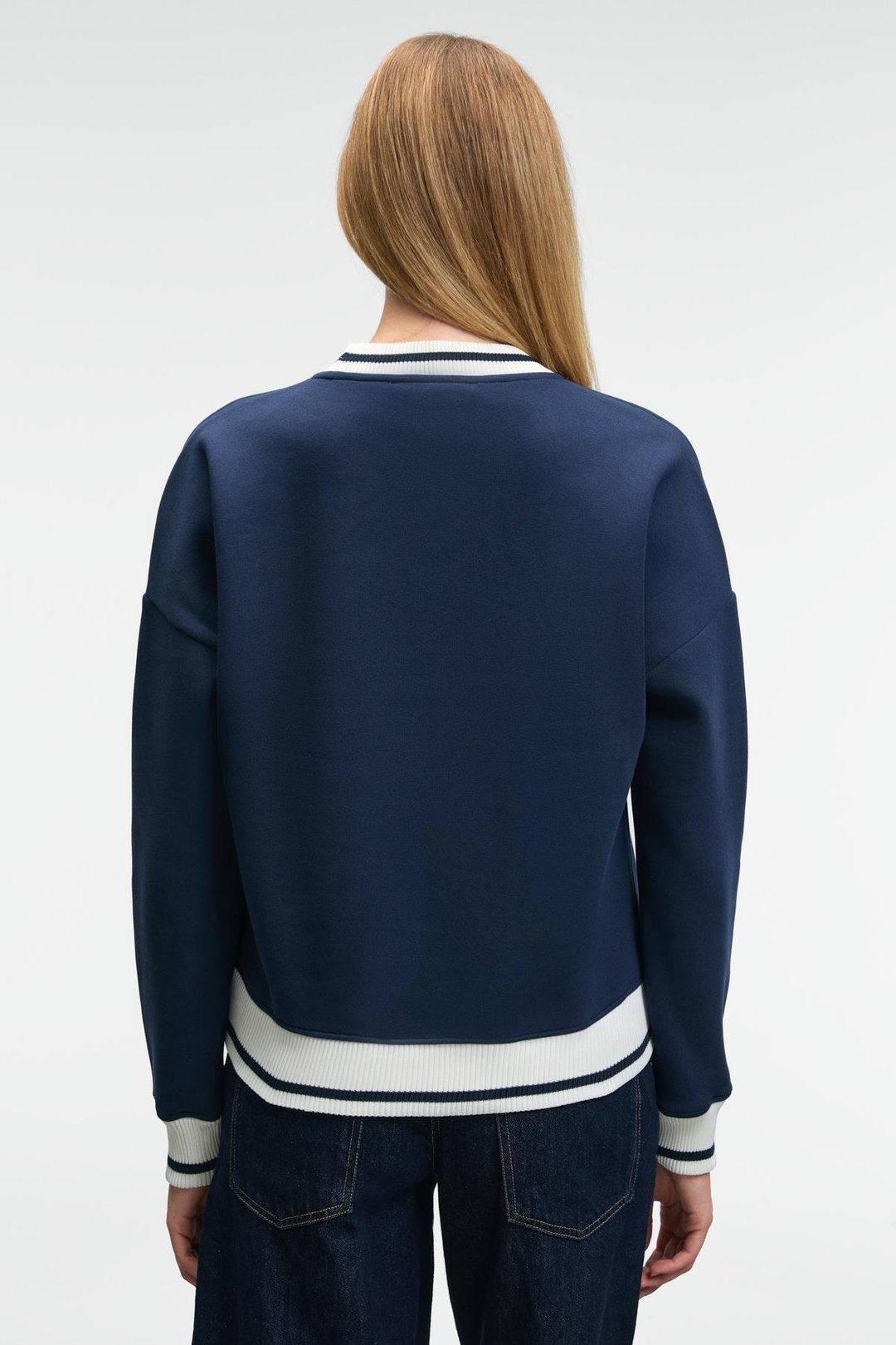 VALLUNE Kadın Kontrast Triko Etek Ucu Manşet Ve Yakalı Nakış Crop Lacivert Sweatshirt