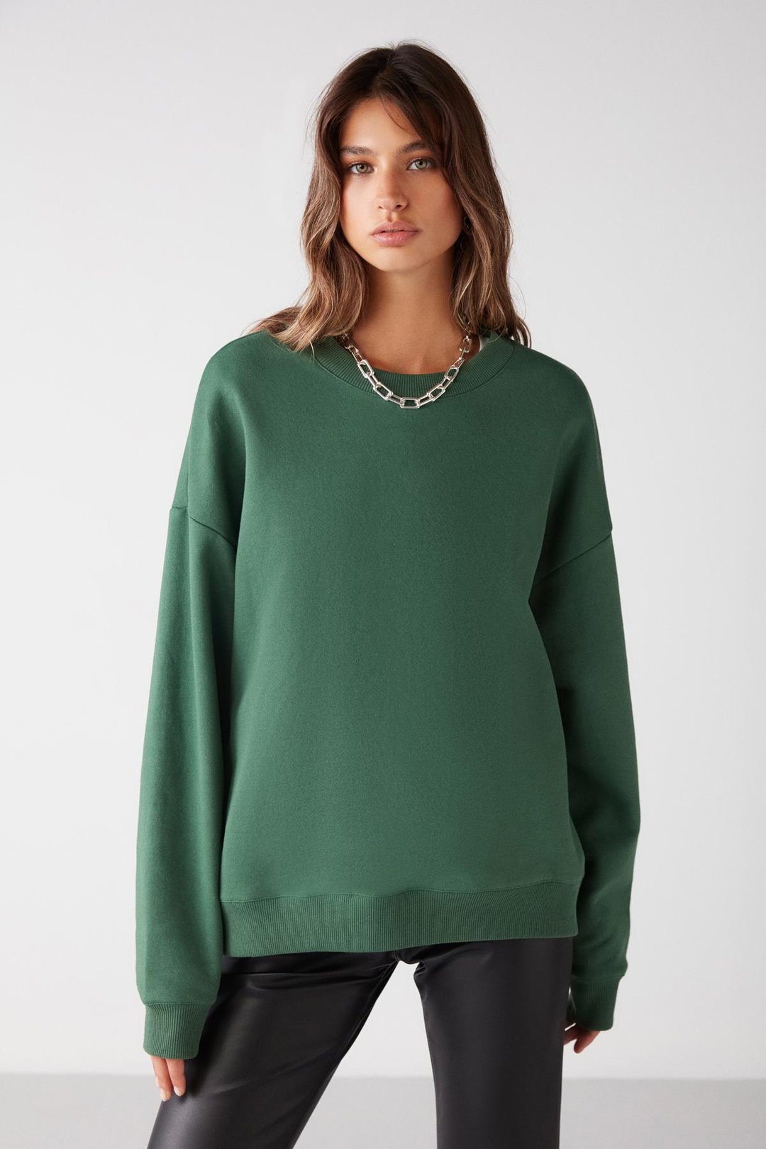 VANELTINA Kadın İçi Polarlı 3 İplik Organik Pamuk Oversize Basic Bisiklet Yaka Yeşil Sweatshirt