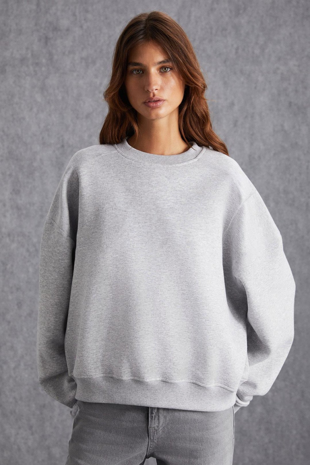 VANELTINA Kadın İçi Polarlı 3 İplik Organik Pamuk Oversize Basic Bisiklet Yaka Grimelanj Sweatshirt