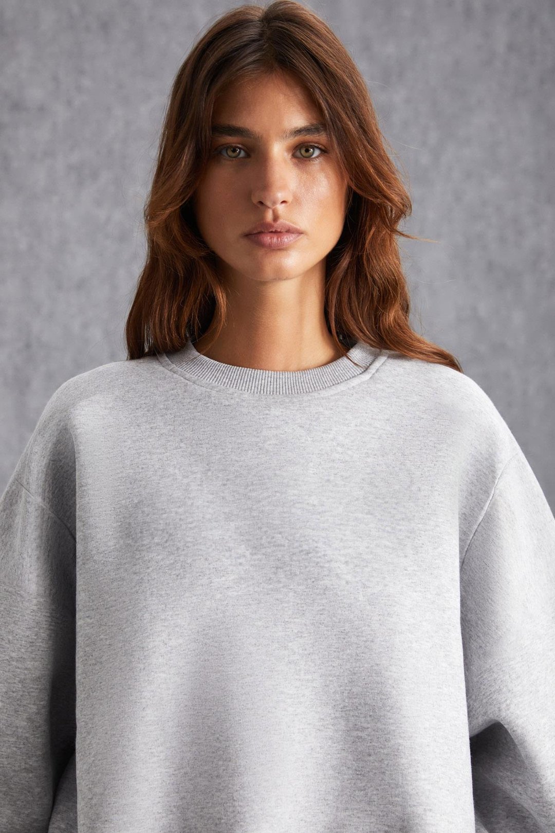 VANELTINA Kadın İçi Polarlı 3 İplik Organik Pamuk Oversize Basic Bisiklet Yaka Grimelanj Sweatshirt