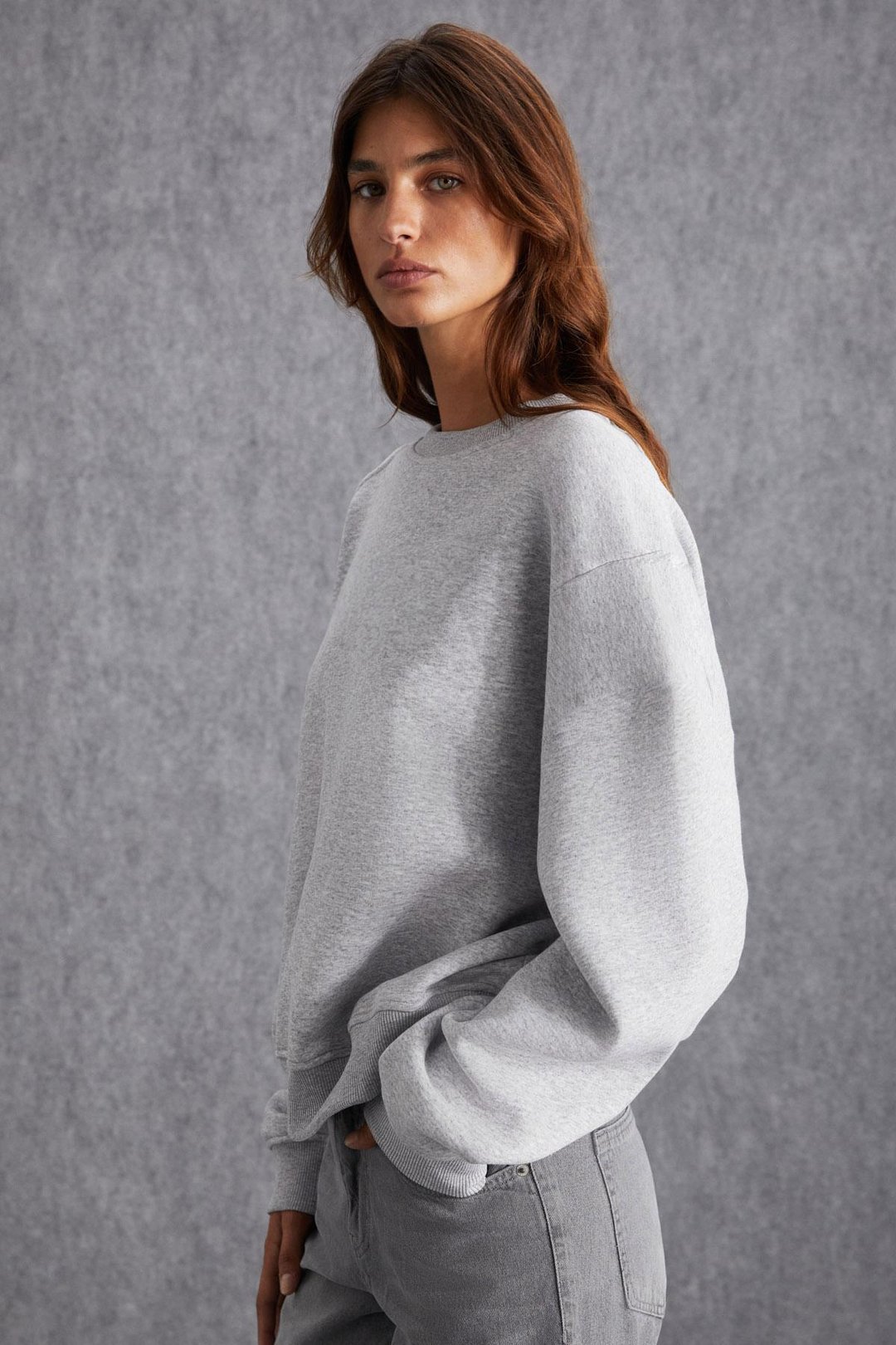 VANELTINA Kadın İçi Polarlı 3 İplik Organik Pamuk Oversize Basic Bisiklet Yaka Grimelanj Sweatshirt