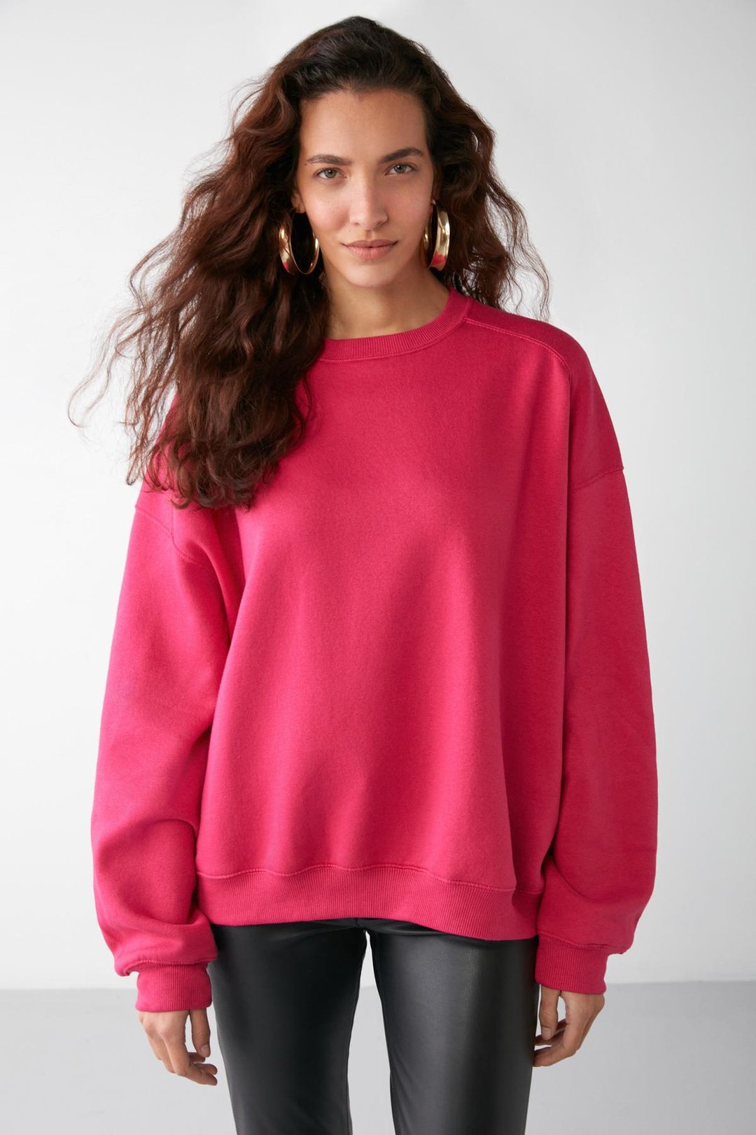 VANELTINA Kadın İçi Polarlı 3 İplik Organik Pamuk Oversize Basic Bisiklet Yaka Pembe Sweatshirt