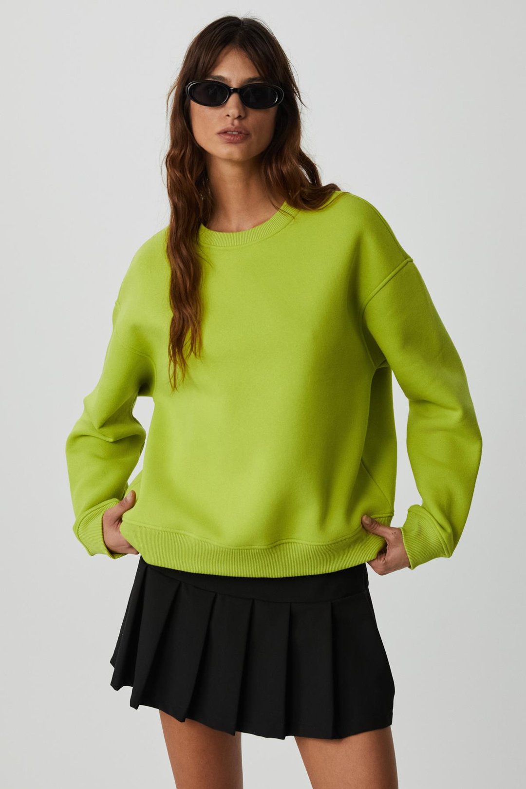 VANELTINA Kadın İçi Polarlı 3 İplik Organik Pamuk Oversize Basic Bisiklet Yaka Fıstık Yeşili Sweatshirt