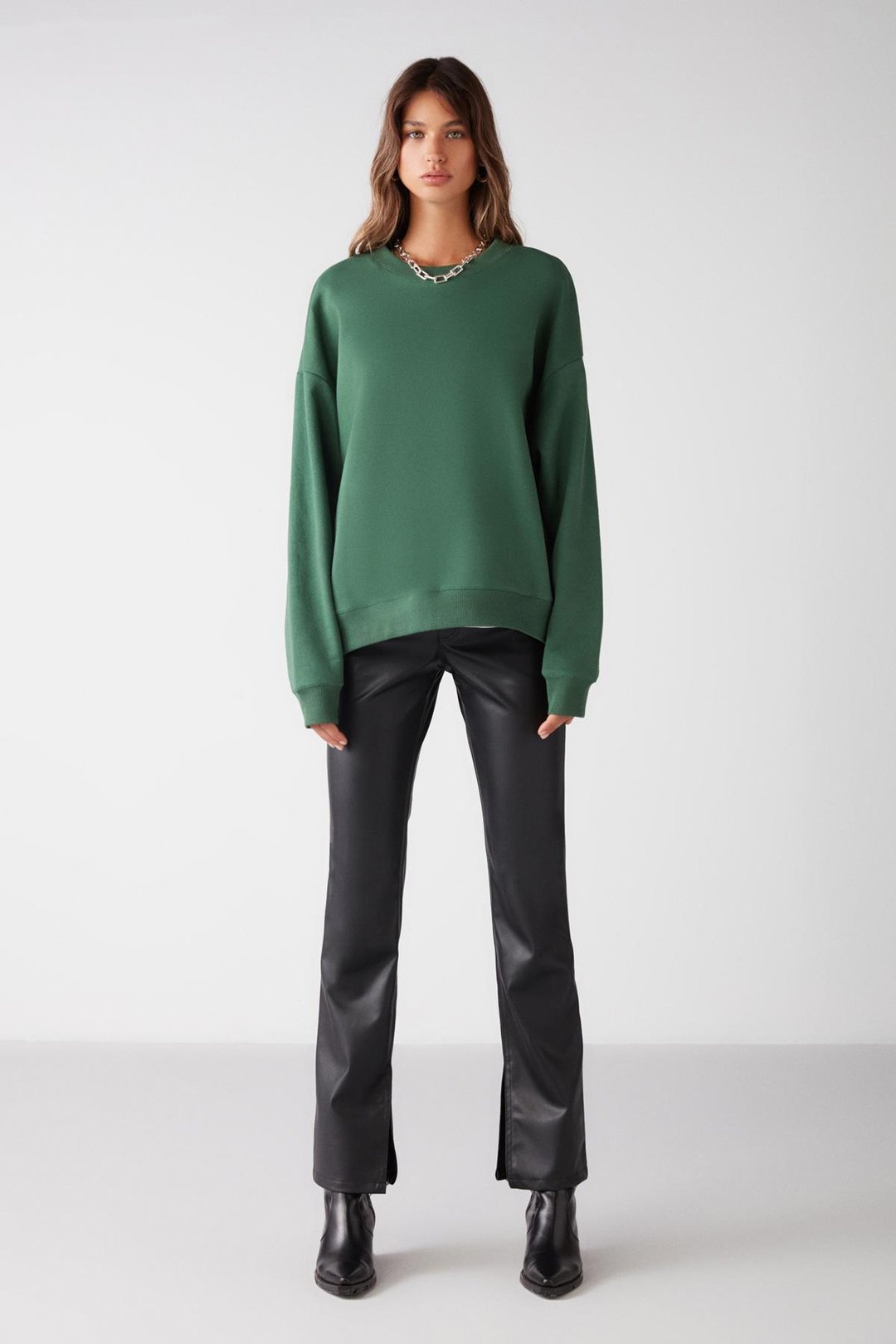 VANELTINA Kadın İçi Polarlı 3 İplik Organik Pamuk Oversize Basic Bisiklet Yaka Yeşil Sweatshirt